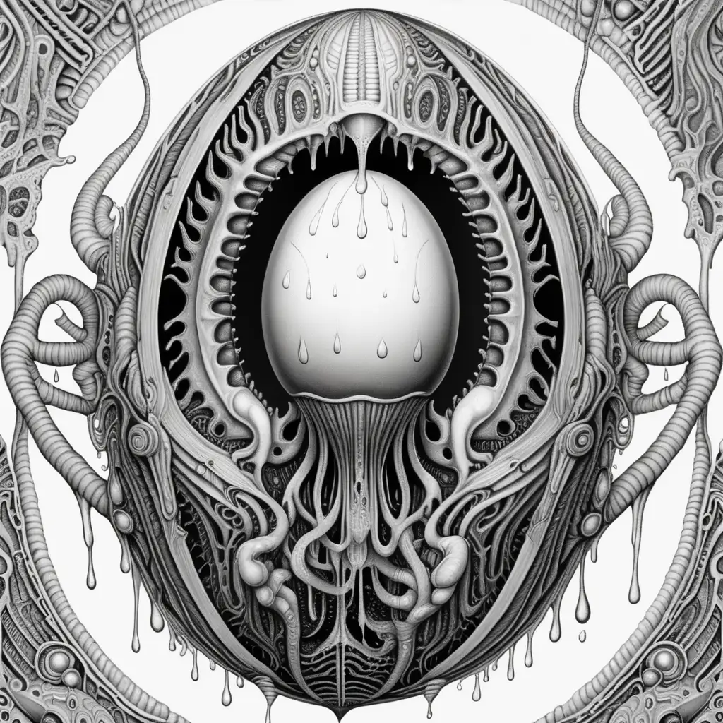 black & white, coloring page, high details, symmetrical mandala, string lines, slimy alien egg with dripping slime in style of H.R Giger