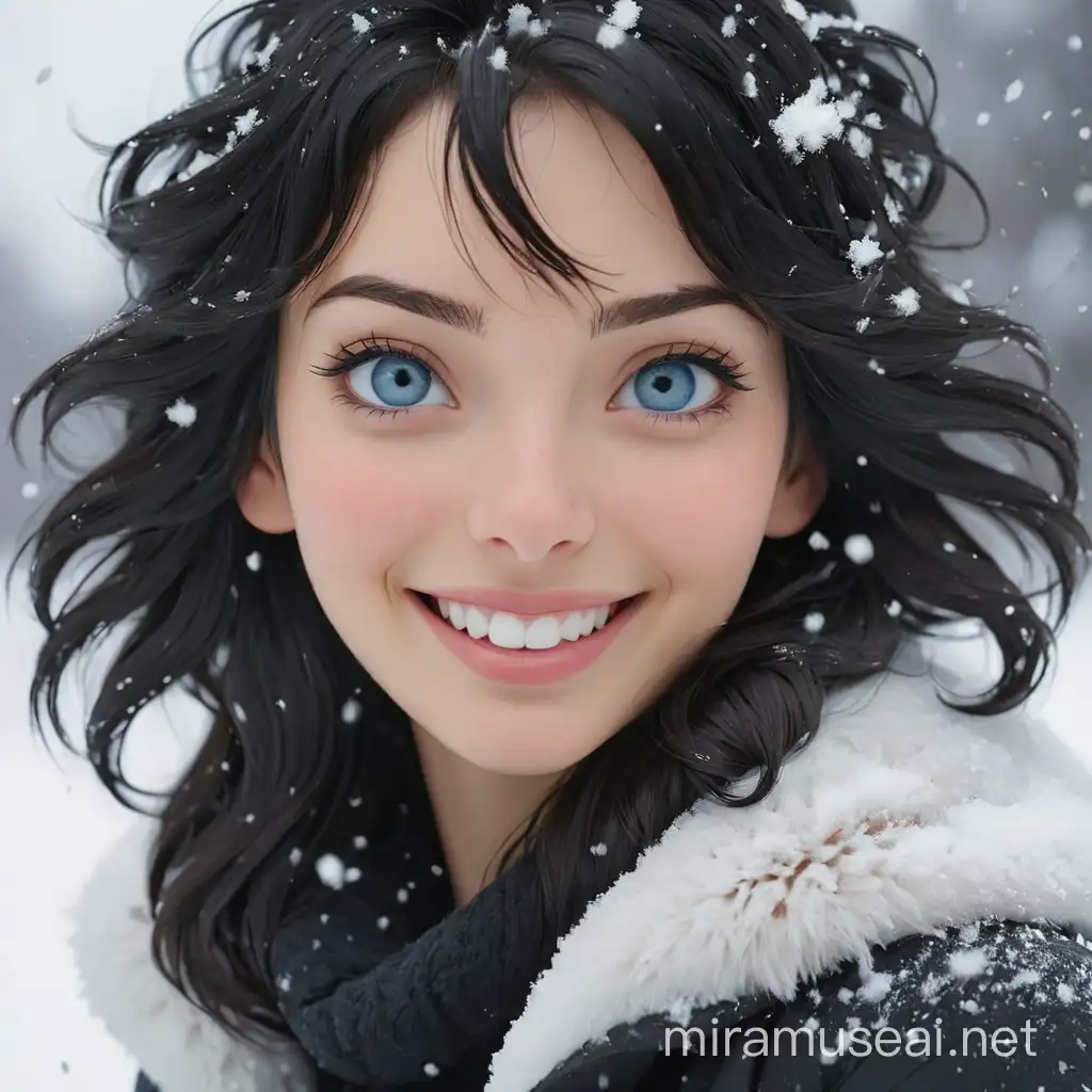 Joyful BlackHaired Woman Smiling in Snowy Landscape with Blue Eyes