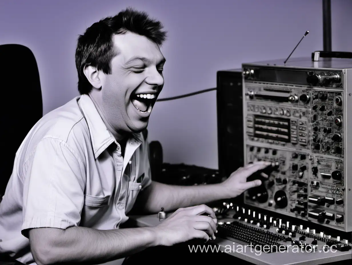 Radio technician laughs at the programmer