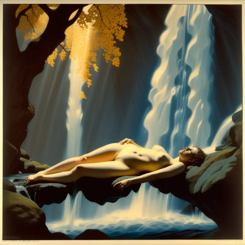 Nude woman lying beneath a waterfall in enchanted woods in the style of Maxfield Parrish