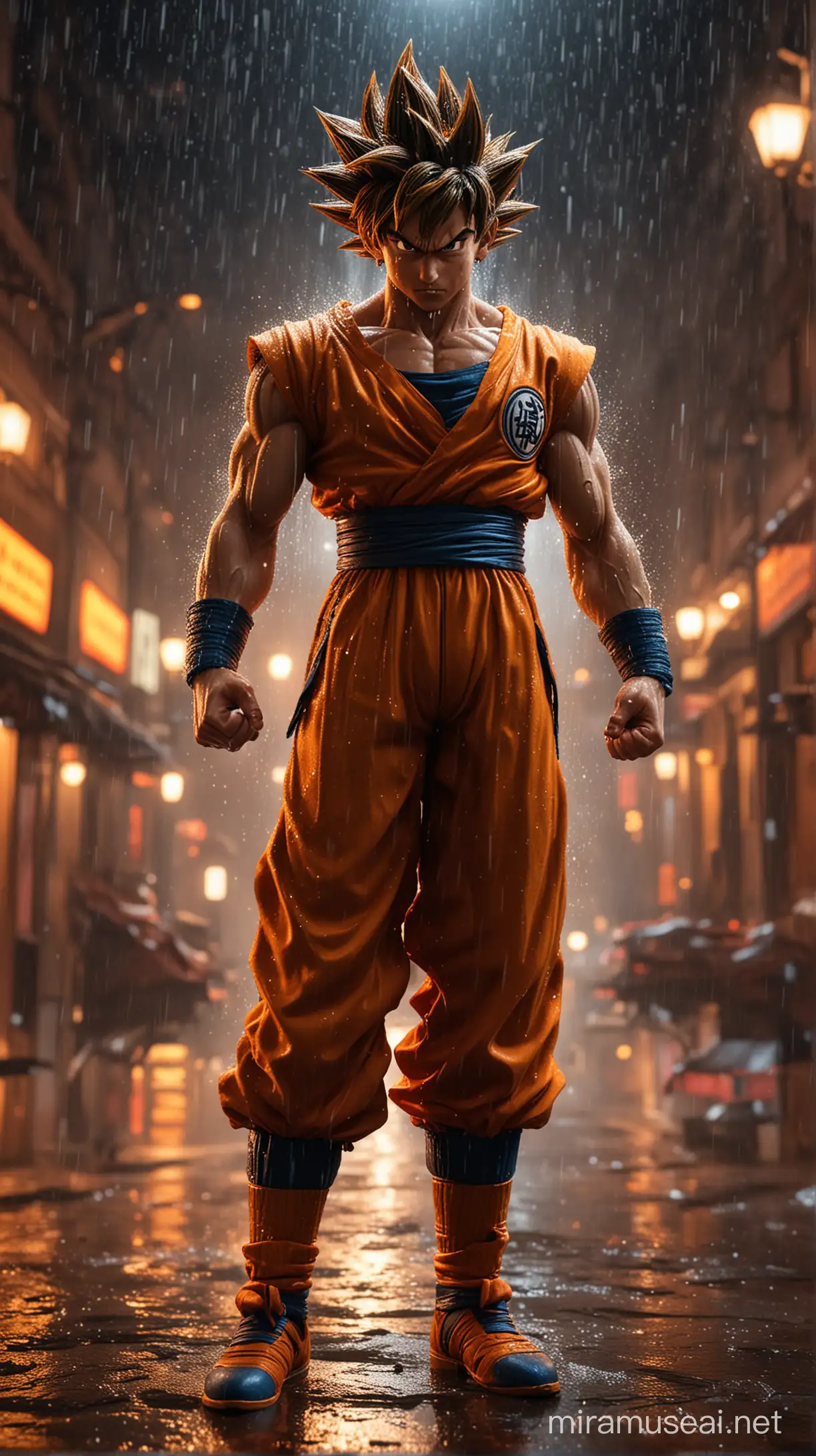 Goku in battle pose ,darkness Electronic, Photo realistic,blur orange bokeh background,rainy  night in a dark city, cinematic, HDR.close up view
