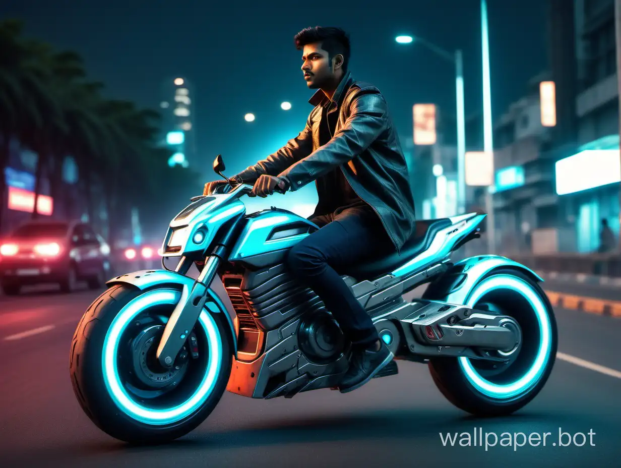Young-Indian-Male-in-Cyberpunk-Style-Glowing-25YearOld-Riding-Modern-Baniyan-on-Cyberpunk-Bike