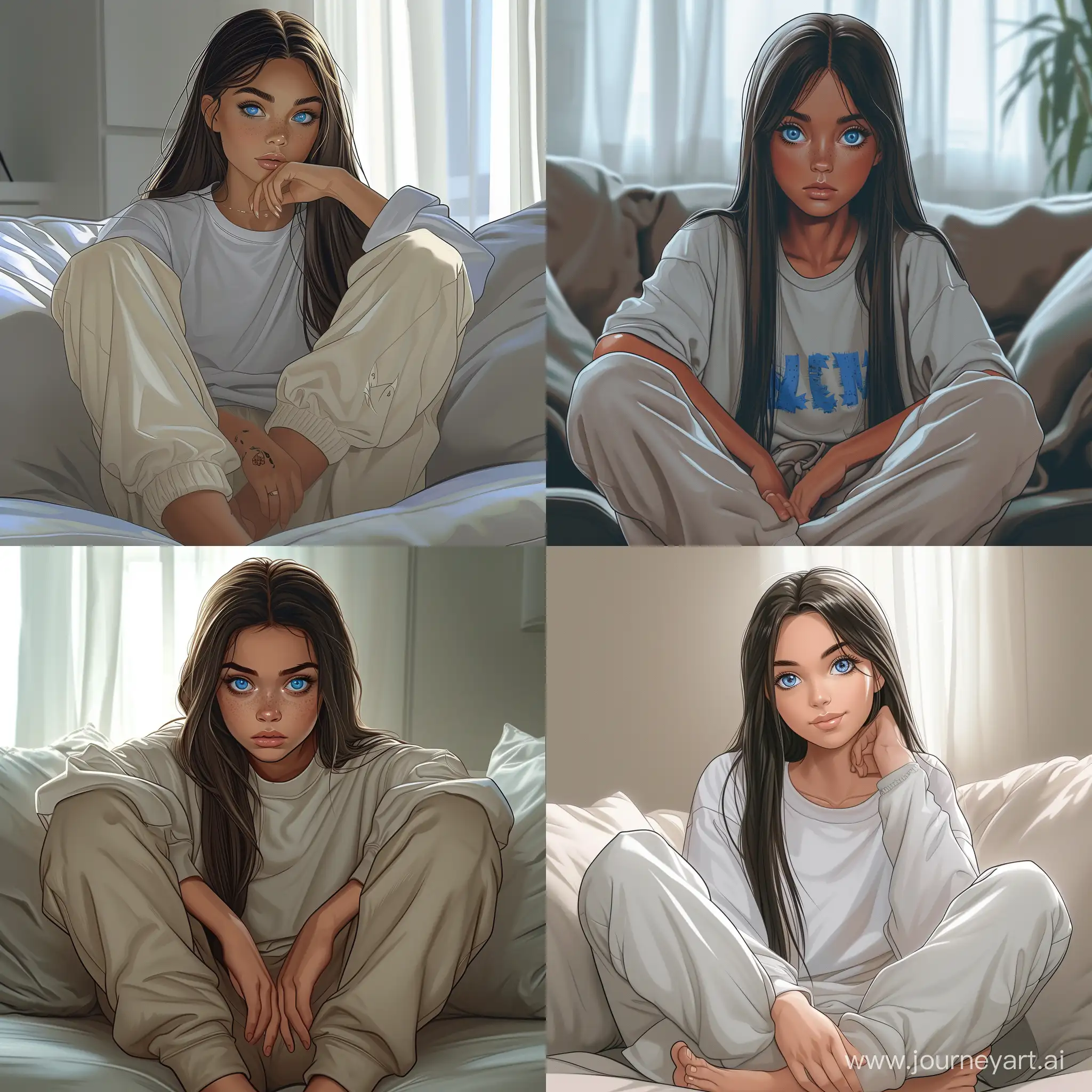 Beautiful girl, straight dark hair, blue eyes, white skin, teenager, 15 years old, calm, thoughtful, sitting on the couch and watching TV, homemade T-shirt and sweatpants, full length, high quality, high detail, cartoon art