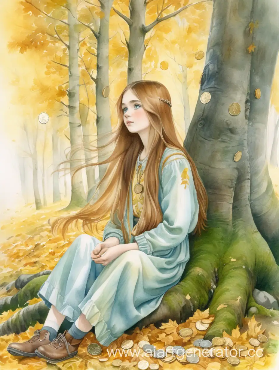 Slavic-Girl-with-Chestnut-Hair-Catching-Golden-Leaves-in-Enchanted-Forest