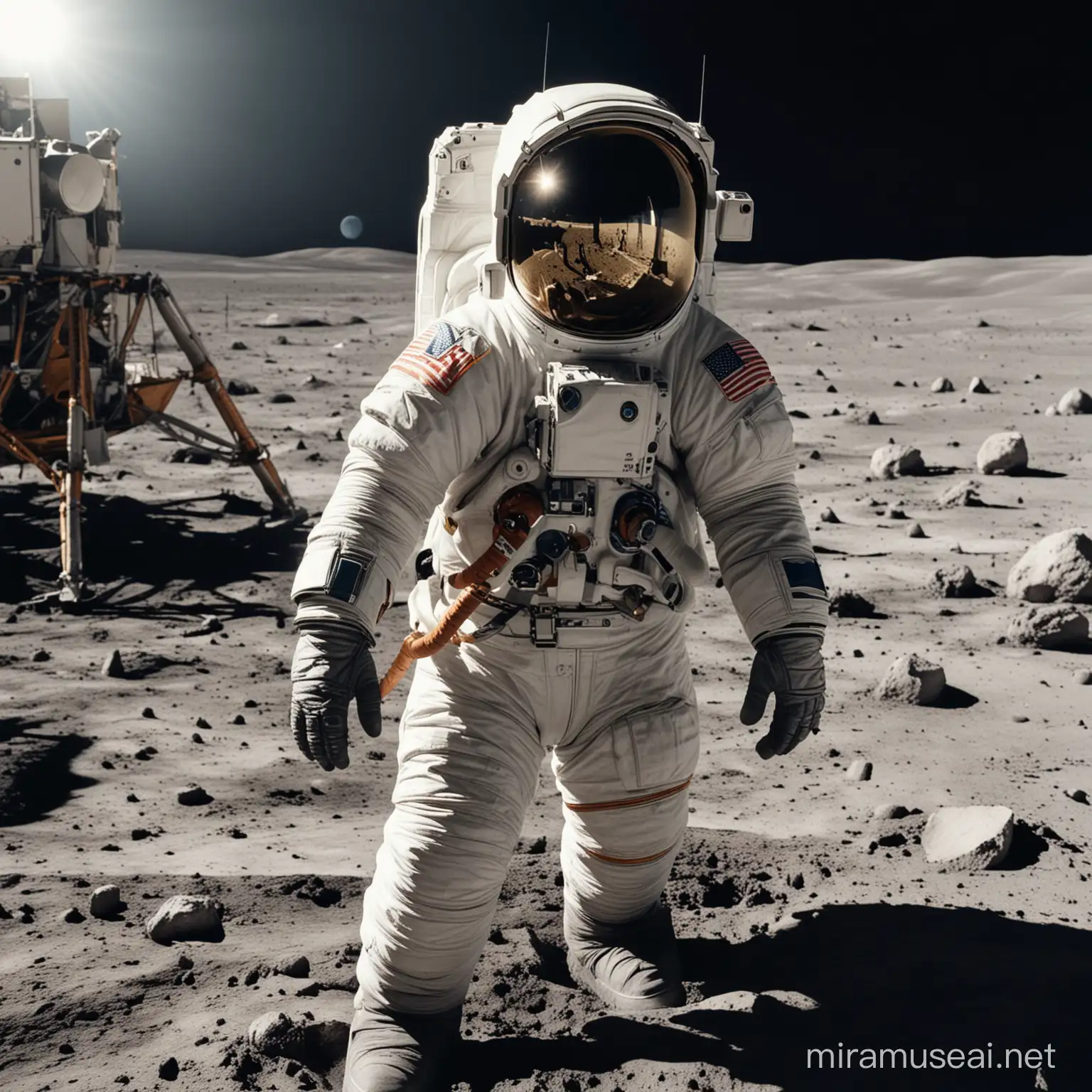 an astronaut in a spacesuit on the moon prepares for flight
