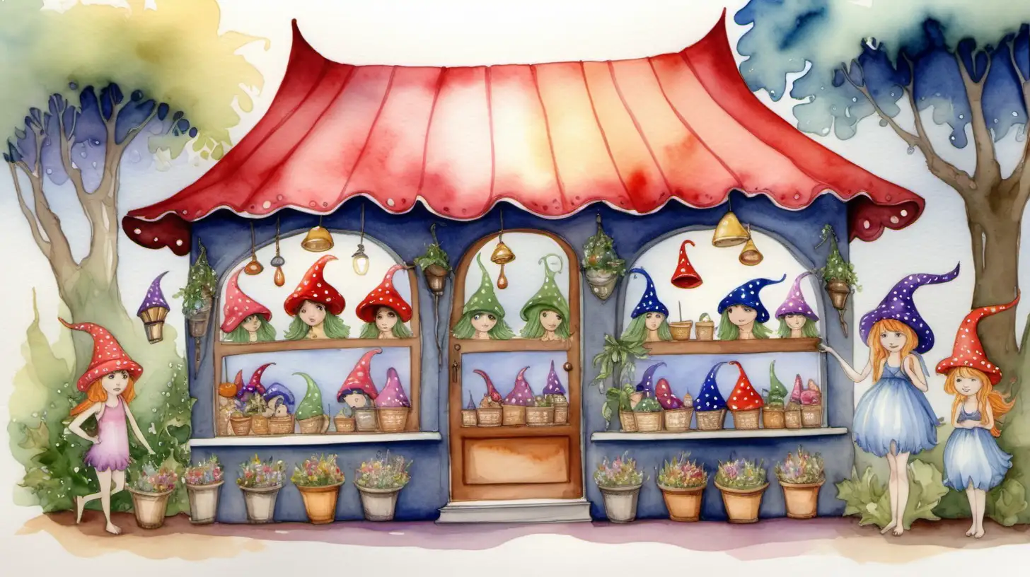Watercolour fairy story painting. A pixie hat shop with lots of different style of hats
