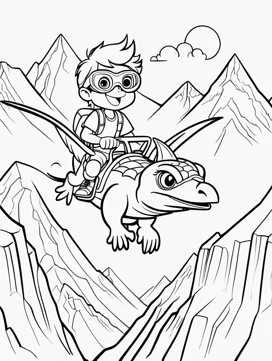A cute cartoon young boy, wearing goggles, riding a flying reptile with a long sharp pointy beak, over the mountains, kids coloring page, no shading, no color