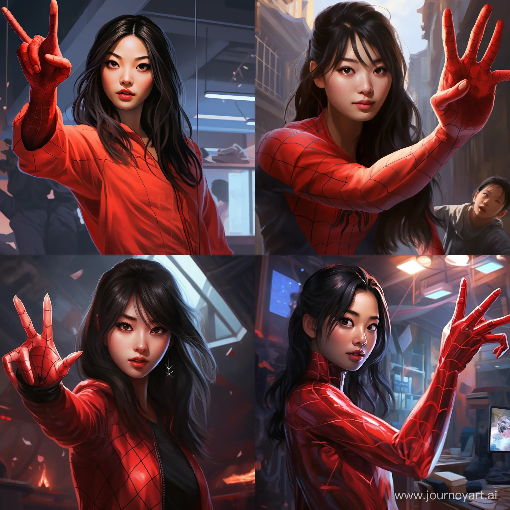 Spiderman spider verse style Asian girl reaching out towards the user