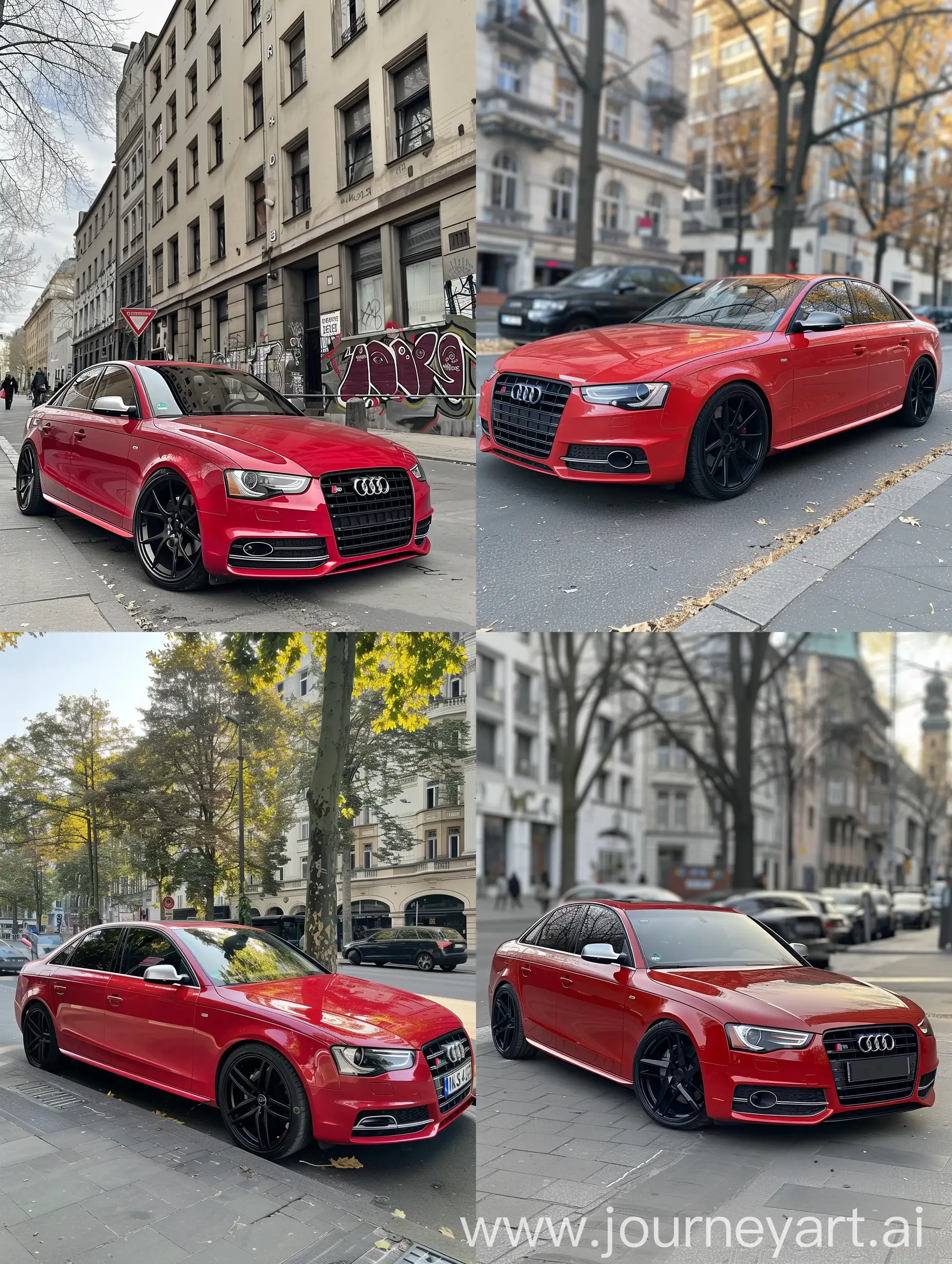 Snapchat style photo of a audi s4 2013 in red with black rims 5 doors spotted in Berlin City parked
