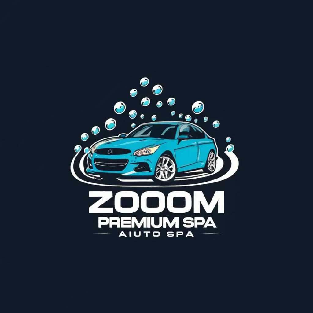 a logo design,with the text "Zoom Premium Auto Spa", main symbol: a logo design, with the text 'Zoom Premium Auto Spa', main symbol: Car washing blue car with shampoo single man without background, complex, clear background,complex,clear background