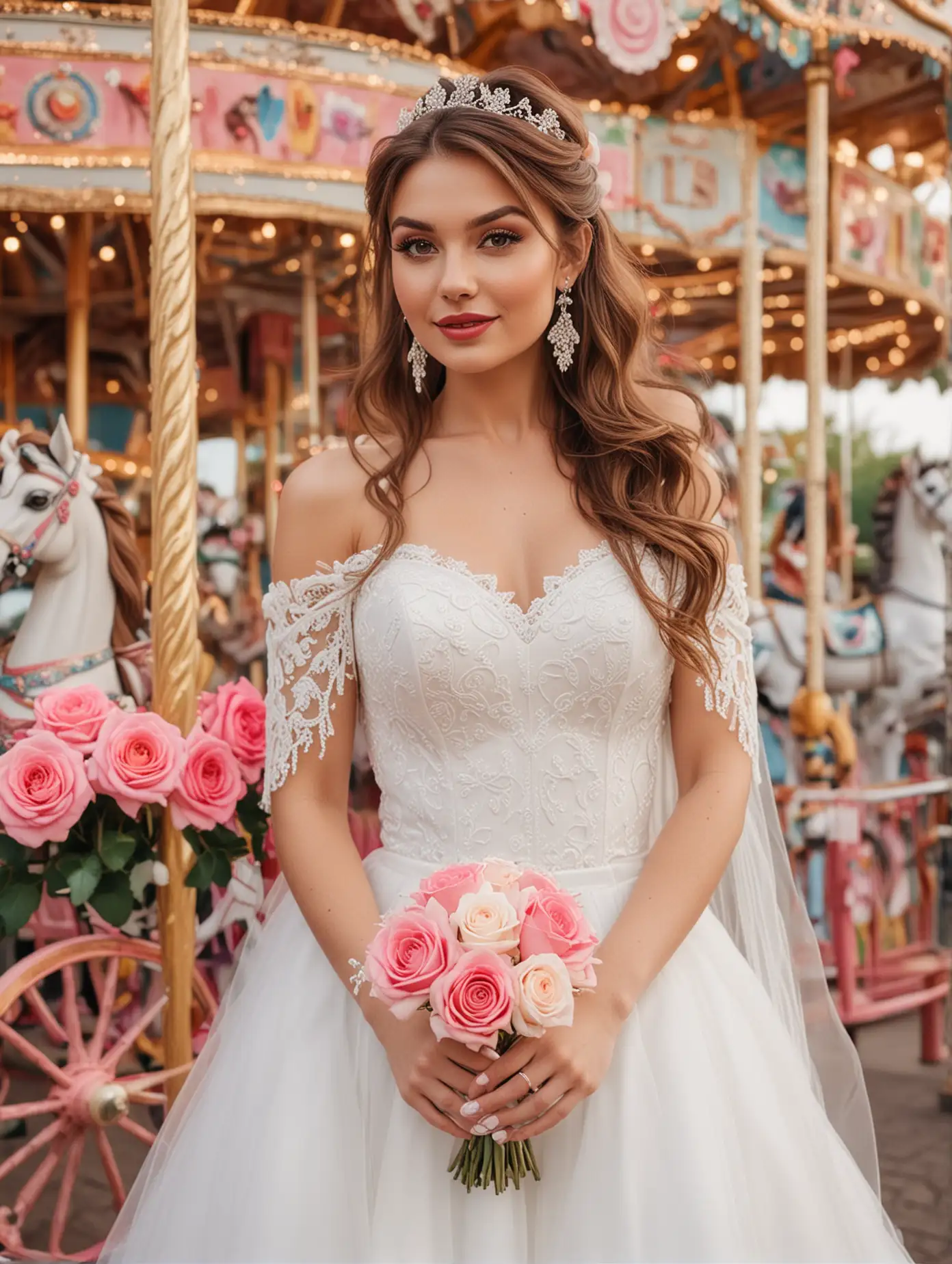 A beautiful bride in a white wedding dress with lace details and a tulle skirt, holding a roses bouquet, posing against the backdrop of a colorful carousel. The bride has long brown hair styled into a sleek loose ponytail hairstyle. She wears silver earrings and pink lipstick