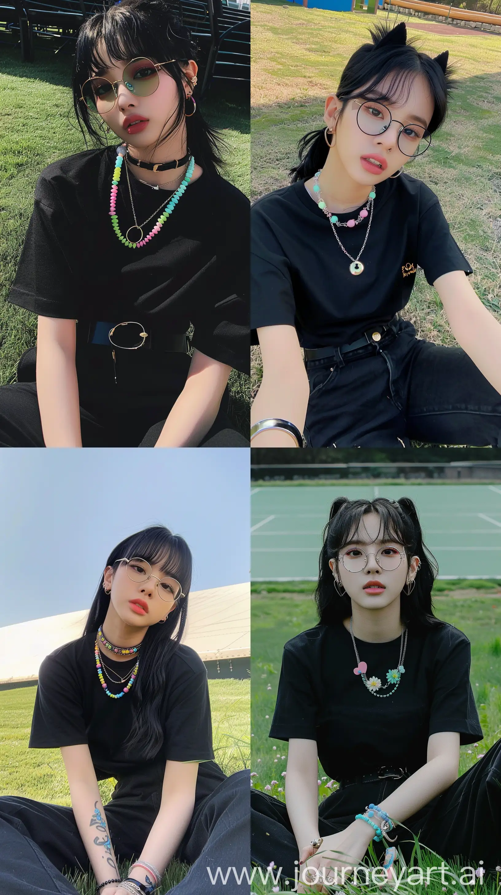 Aesthetic instagram selfie blackpink's jennie with black wolfcut hair and wide set eye, black tshirt, black pants, cute pastels necklace, glasses, sit on grass --ar 9:16