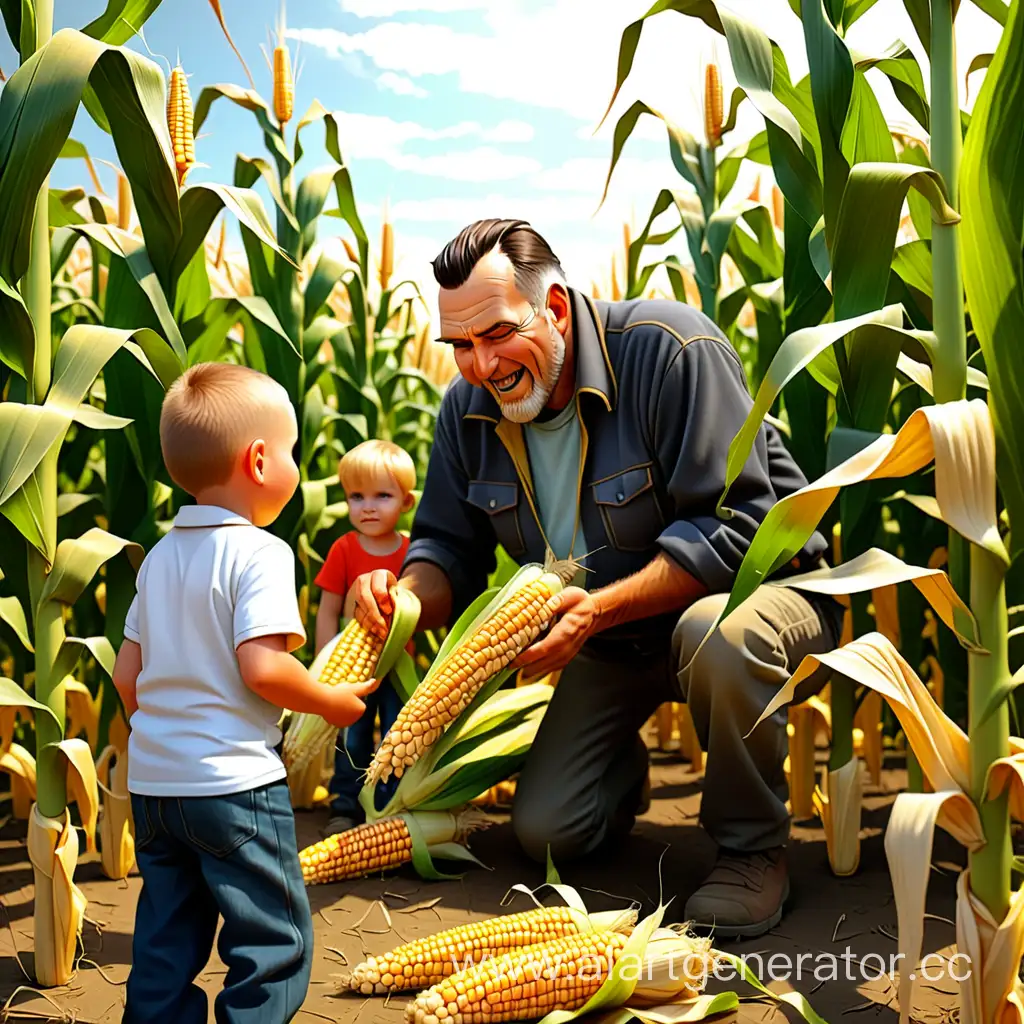 Harvest-Fun-Man-Sharing-Ears-of-Corn-with-Joyful-Children