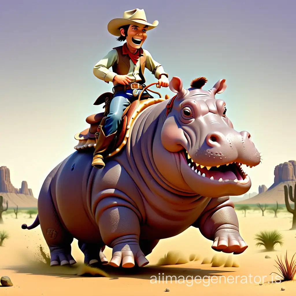 A cowboy riding a hippo across the desert