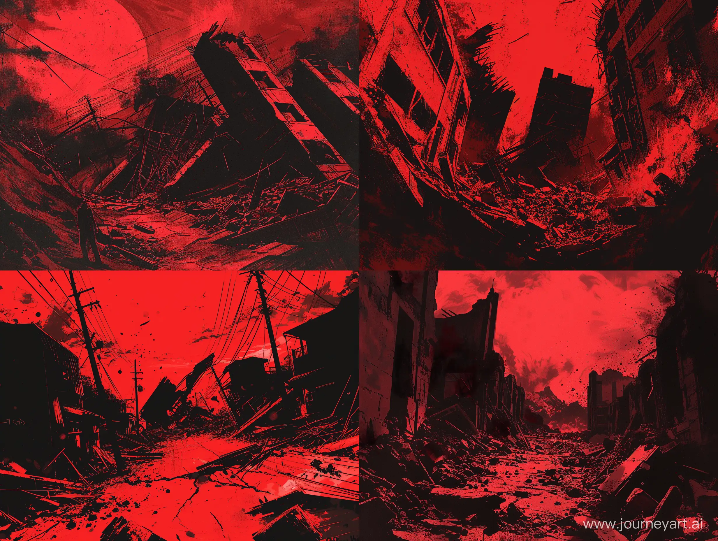 On the anniversary of the earthquake where thousands lost their lives, design a commemorative post. The post should be in red and black tones and evoke a somber atmosphere. Visually, use a striking image representing destruction and loss. Create a composition that stirs emotions, expressing pain and loss. Communicate a strong emotion through colors and visuals, without using text or tags.
