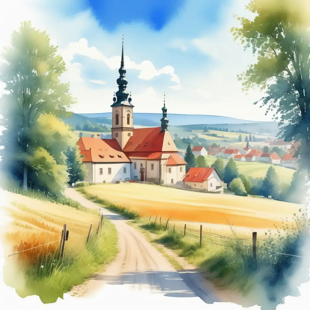 Vytvoř realistickou ilustraci _ Jasné, slunečné počasí s bezmrakým modrým nebem, česká vesnička, domečky, kostel, les, pole, louka_charakterizující typické letní dny_akvarel styl