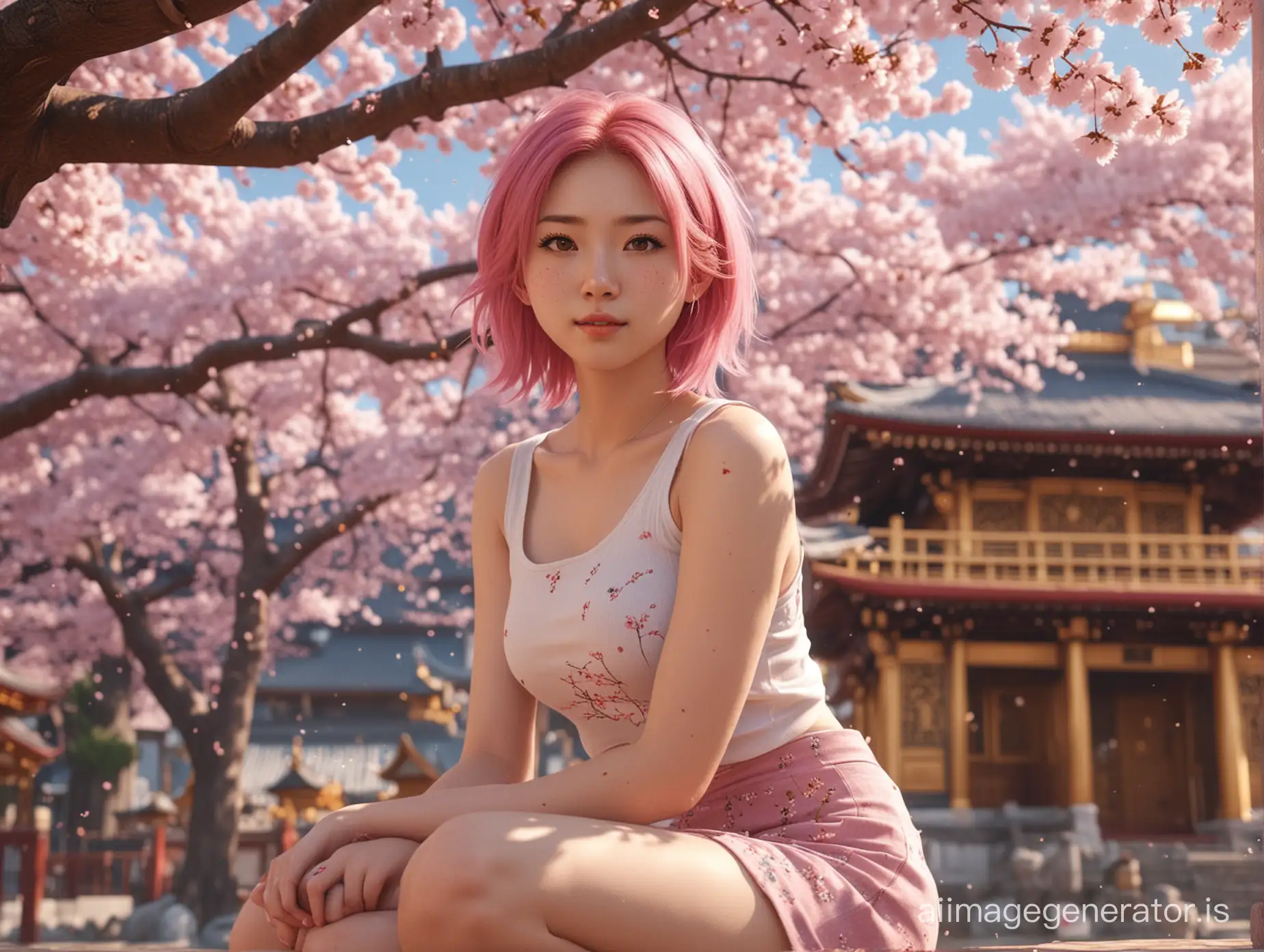 8k render, extremely detailed and realistic photo, japanese cute girl sitting under a shady cherry tree, stunningly beautiful, pink hair, tank top, backdrop is golden temple, cherry petals fell like snowflakes, extremely detailed hair and skin texture