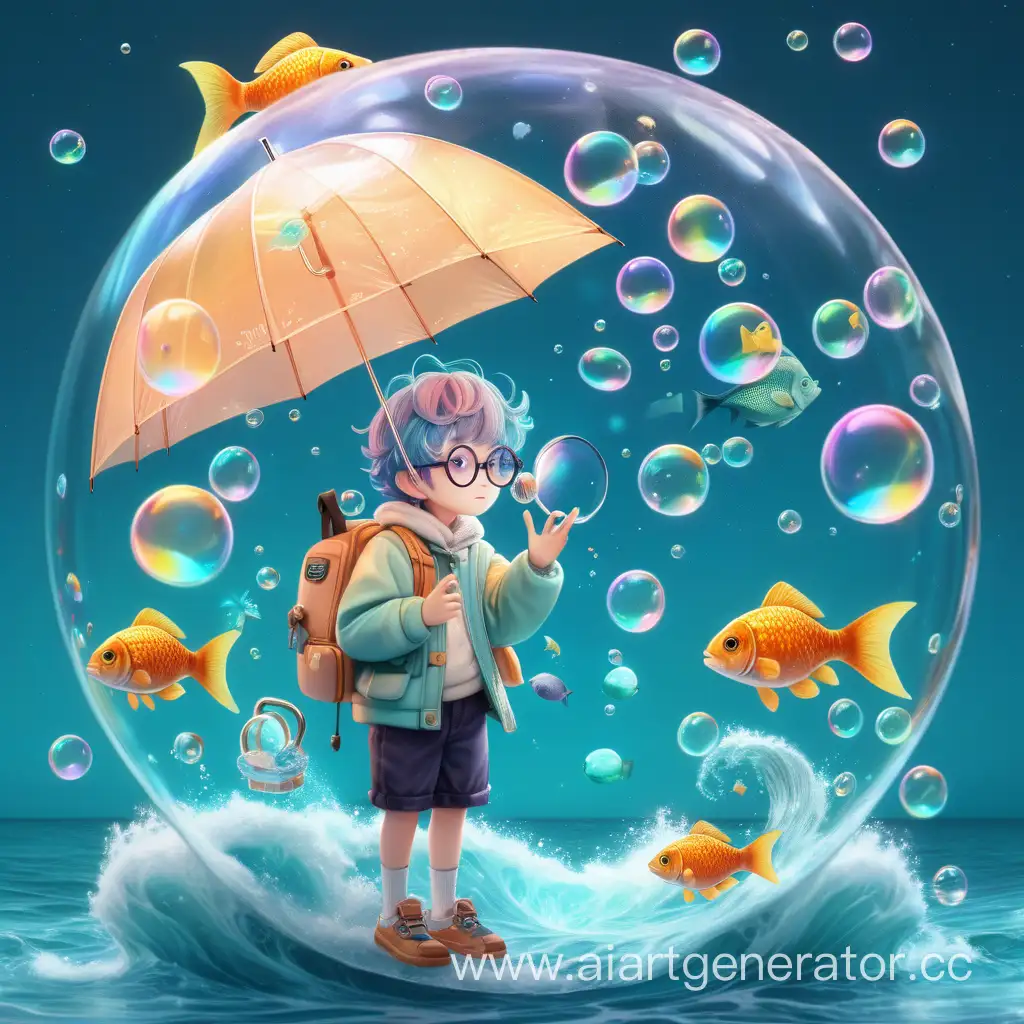 круглые очки с цветными стеклами, холодная палитра, мыльные пузыри, волны, рыбы, персонаж кажется маленьким в пространстве парит с зонтом в руках, свет мягкий