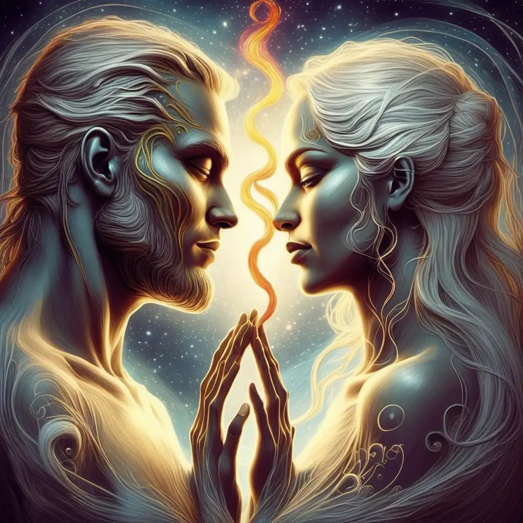 Sa flamme jumelle le regarde. Ils sont connectés sans se toucher. Comme deux âmes confondues. Leur amour n'a pas de limite. 