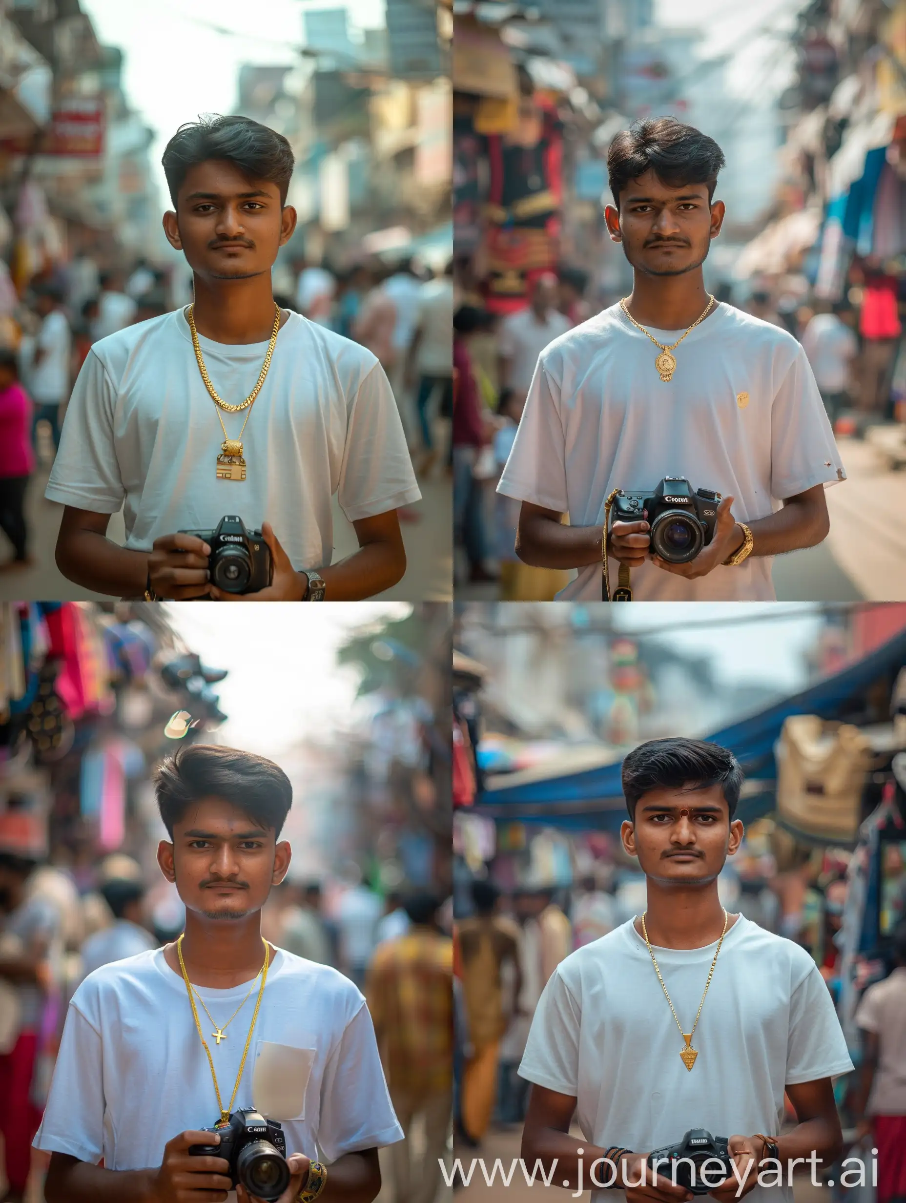 young photographer in India, 17 years old, capturing vibrant street life, wearing a simple white t-shirt, candid moment, natural light, bustling bazaar backdrop, digital SLR in hands, focused expression, cultural immersion --cref https://cdn.discordapp.com/attachments/1200713789763485788/1220053094574985438/Picsart_24-03-19_12-30-02-155.jpg?ex=660d89fd&is=65fb14fd&hm=b5132c96aecf18649273f3abf1b84c466cc0e96c6897abbc1adef24f75c4ab3e& --cw 100 --ar 3:4 --s 300 --v 6