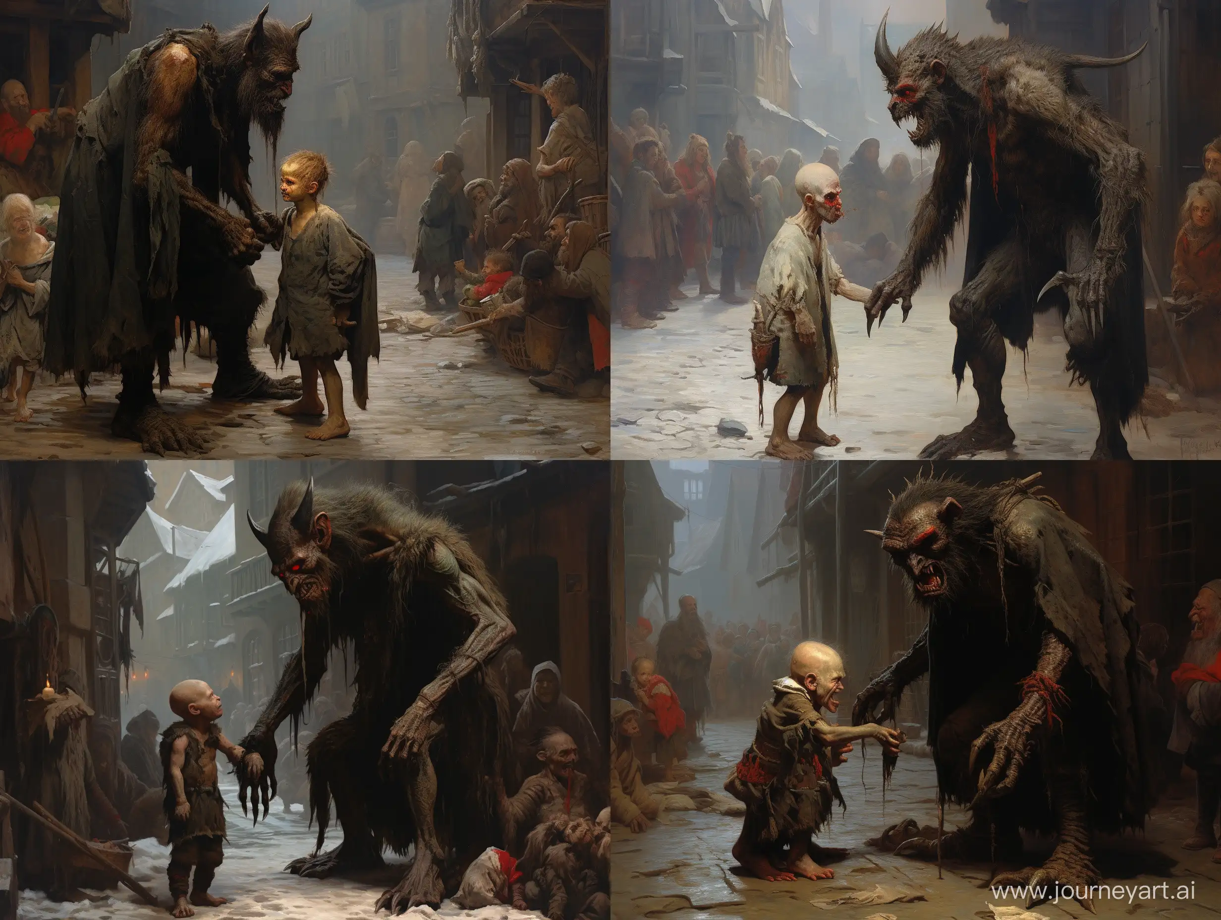 Menacing-Krampus-Abducts-Terrified-Boy-in-Dark-Medieval-City-Market