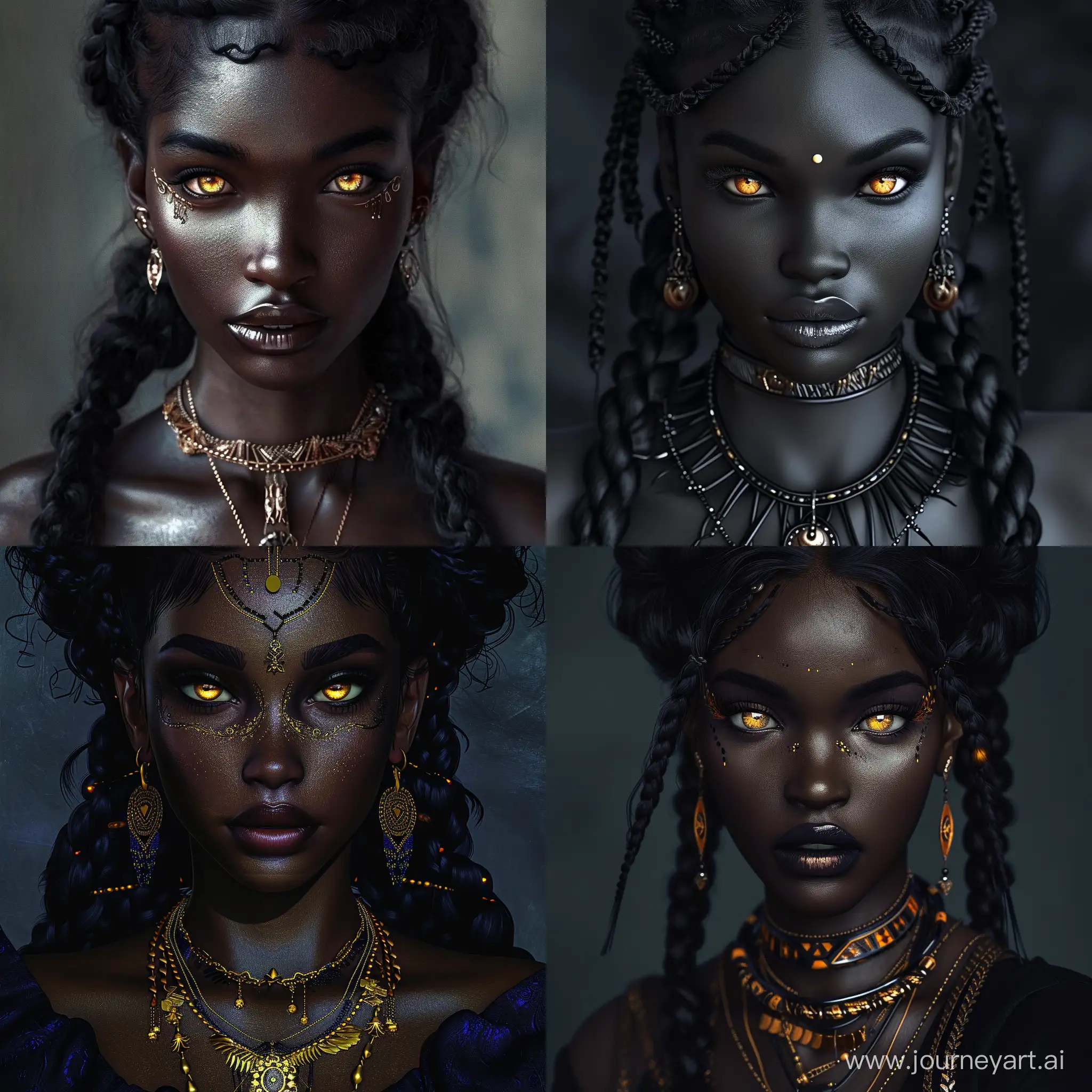 African girl, Africa, dark skin, golden eyes, dark hair, African braids, necklace, earrings, makeup, (detailed skin texture),