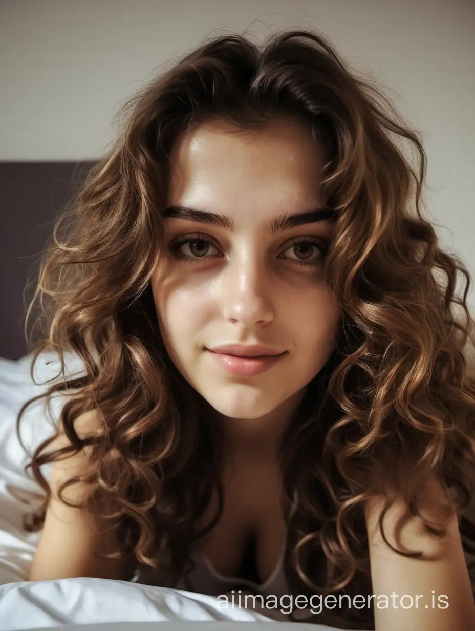 A photo of Michela, an Italian prosperous girl, just came back home from college with brown wavy hair, taking a self hot picture, relaxing in her bed after waking up