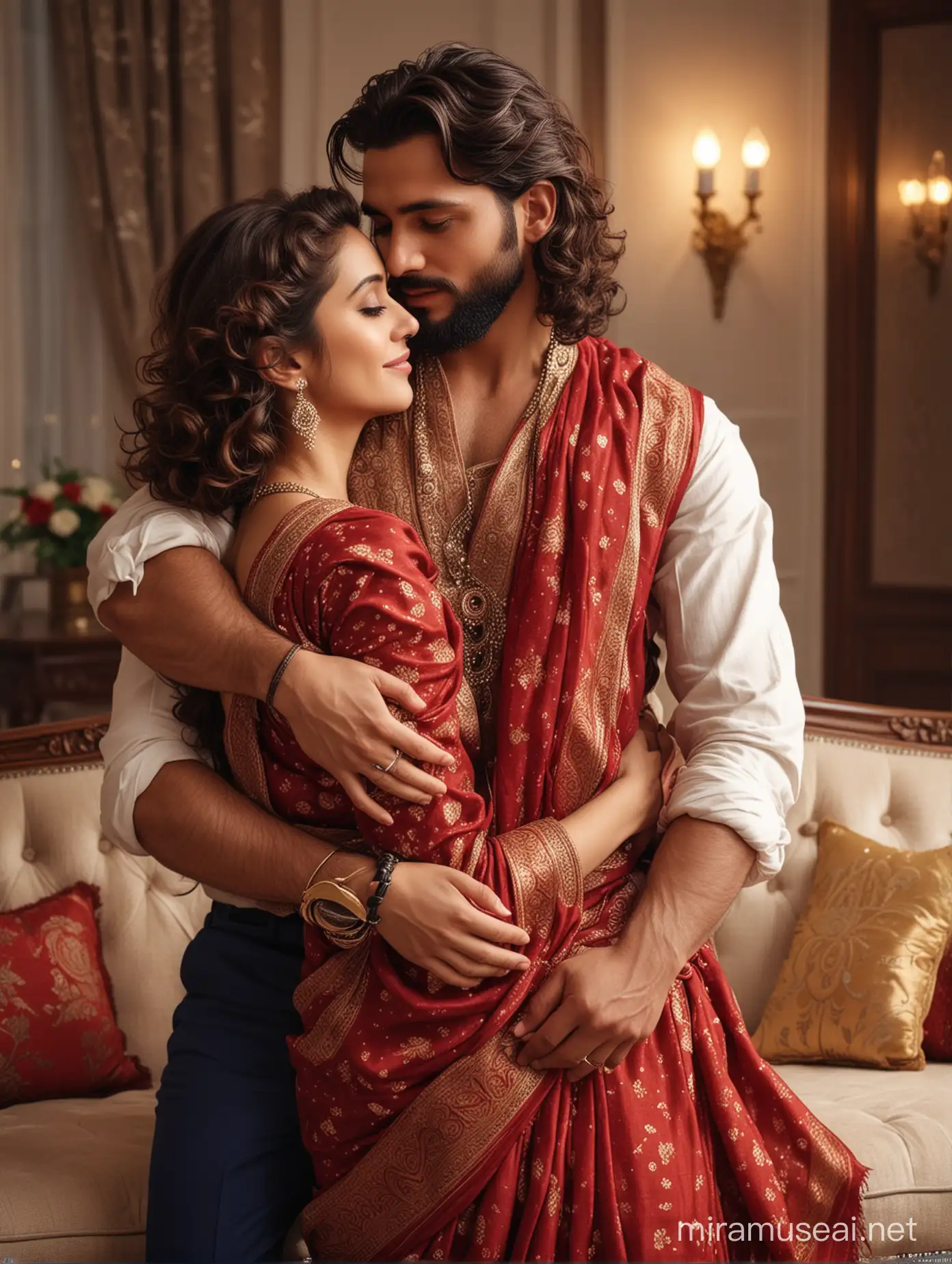 full body view  of most beautiful european couple as most beautiful indian couple, most beautiful girl in elegant bold color saree and long curly hairs, hairs tied  up with hair style stylishly, necklace,   big wide black  eyes, full face, perfect red dot, makeup, low cut neck, girl embracing with emotion and possessive feeling, pressing face to chest of man, emotional crying with longing feeling, innocence and ecstasy, hands around man neck, man comforting her,  man with stylish beard, perfect hair cut, formals, perfect limbs and fingers, photo realistic, 4k.
background,spacious modern elite photo room, with luxury sofa set, cream color carpet, elegant interior designs, vintage lamps, romantic reunion ambience, photorealistic, vibrant colors, intricate details, 8k.