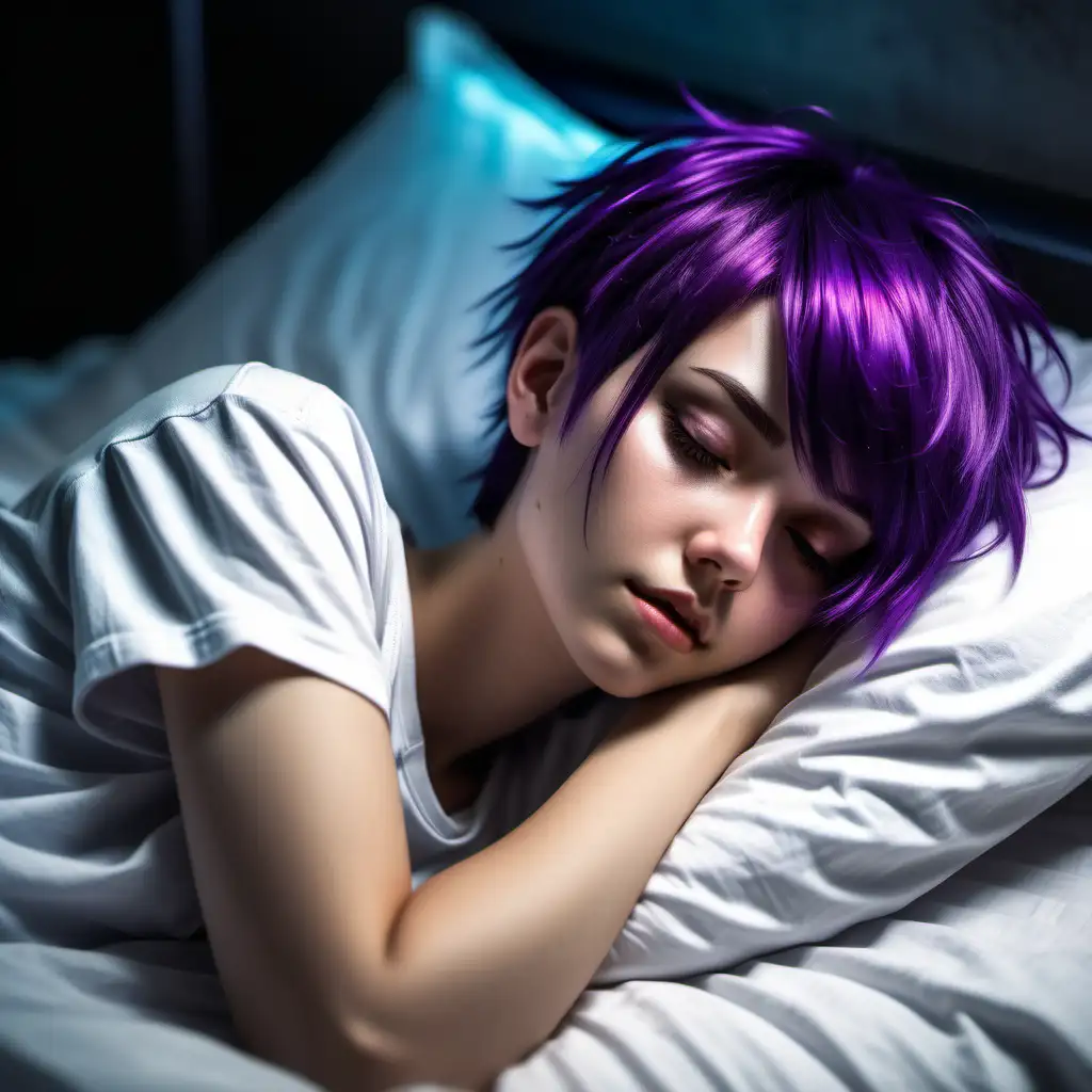 Create a cyberpunk girl with side-swept purple short hair who is sleeping in the bed. Make the girl's hair shorter. Make the girl wear a white T-shirt. Create the bedroom more colorful and cozy. Show the girl's entire body sleeping.