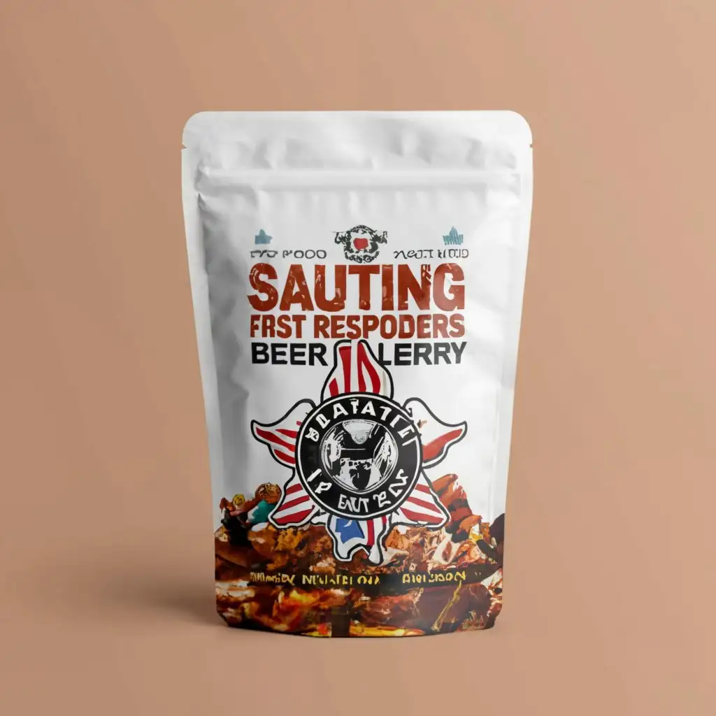 a logo design,with the text "Saluting First Responders Beef Jerky", main symbol:User
Need a bag for Beef Jerky made. Our new company is Saluting First Responders Beef Jerky. The logo is attached

Bag is Matte White

Bag size is: 6" Wide x 8" Tall. We need a hole up at the top.

We need to leave a space in the bag, so that people can see the actual product. Maybe use the flag from the logo in clear.

We will have 5 other Flavors as well, so there is plenty of future work.

FRONT OF BAG:

We want Military, Police, Firefighter, Nurse, Teacher on the front of the bag. We want actual people, not a illustration.

The Flavor is Teriyaki



Things that we like from the jerky bag attached:

flag on the upper Left

Add FIRST RESPONDER OWNED

MADE IN THE USA

HONOR ALL WHO SERVED

US INSPECTED

Other Text to put on:

100% Premium Quality

All Natural

Gluten Free

13 Grams Protein per Serving

Made with Premium Cuts of Beef

Net Wt. 3 OZ (85g)



ON THE BACK OF THE BAG:

Nutrition Facts on the attachment

TEXT:
We want to recognize our everyday First Responders Heroes. Day in and Day out, these heroes go beyond the call of duty. Each color of our branch represents a subdivision of First Responders. A portion of our proceeds goes directly to First Responder Charities.

Firefighters
Military
Law Enforcement
Doctors & Nurses
Teachers

Company Info Logo:
First Responder Branch, LLC
5610 E La Palma Ave
Anaheim, CA 92807
www.firstresponderbranch.com
855-JERKY-11



,complex,clear background
