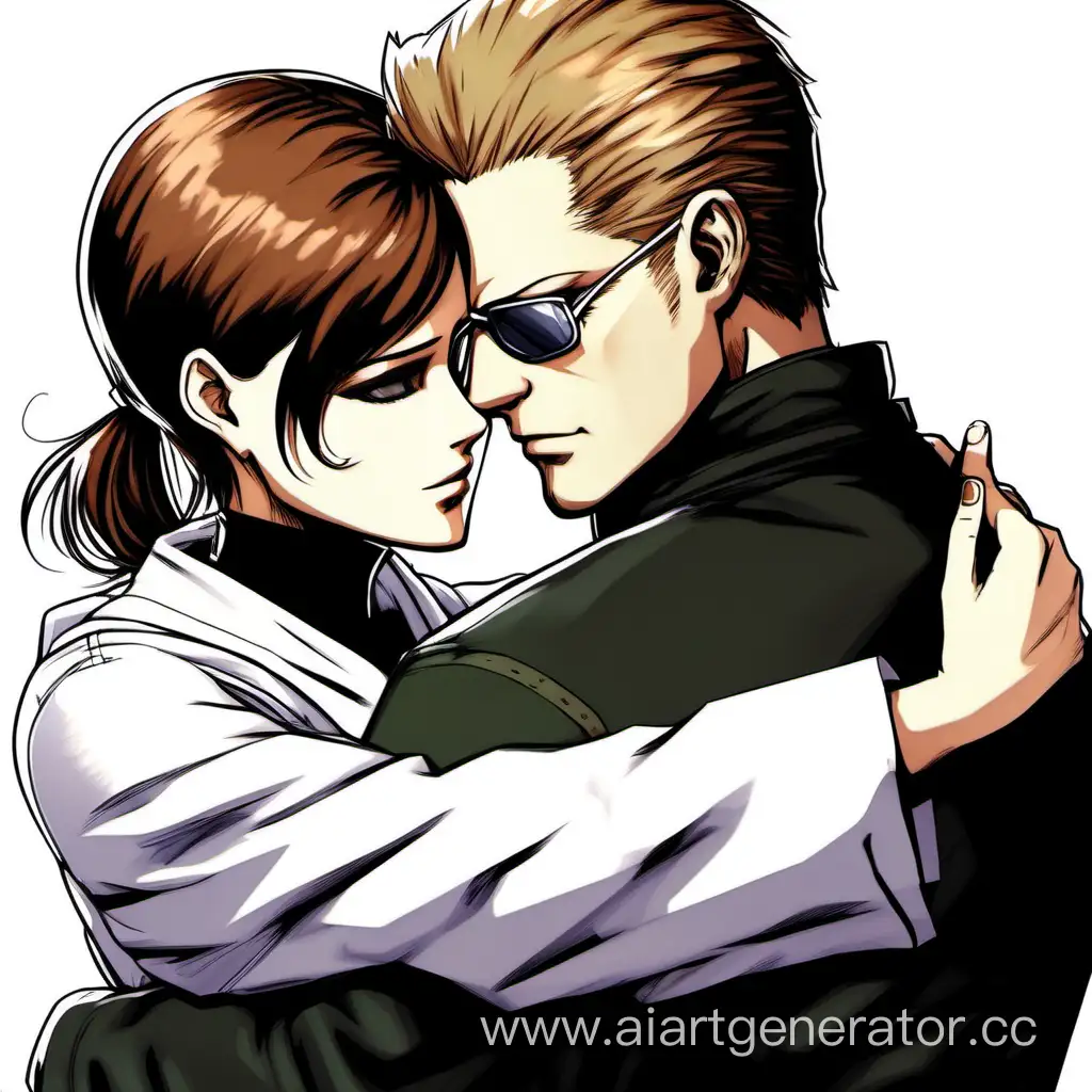 Albert Wesker hugged the girl, he has short brown hair and brown eyes, she is wearing a white scientist's robe and a black sweater, he hugs her tightly and buries her face in his neck