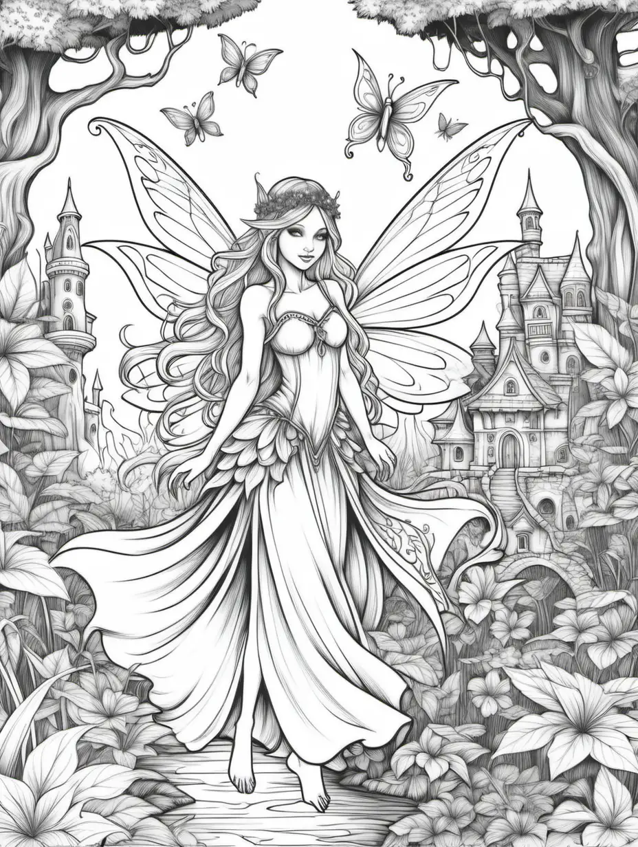 Enchanting Fairy in a Whimsical Fantasy Coloring Page