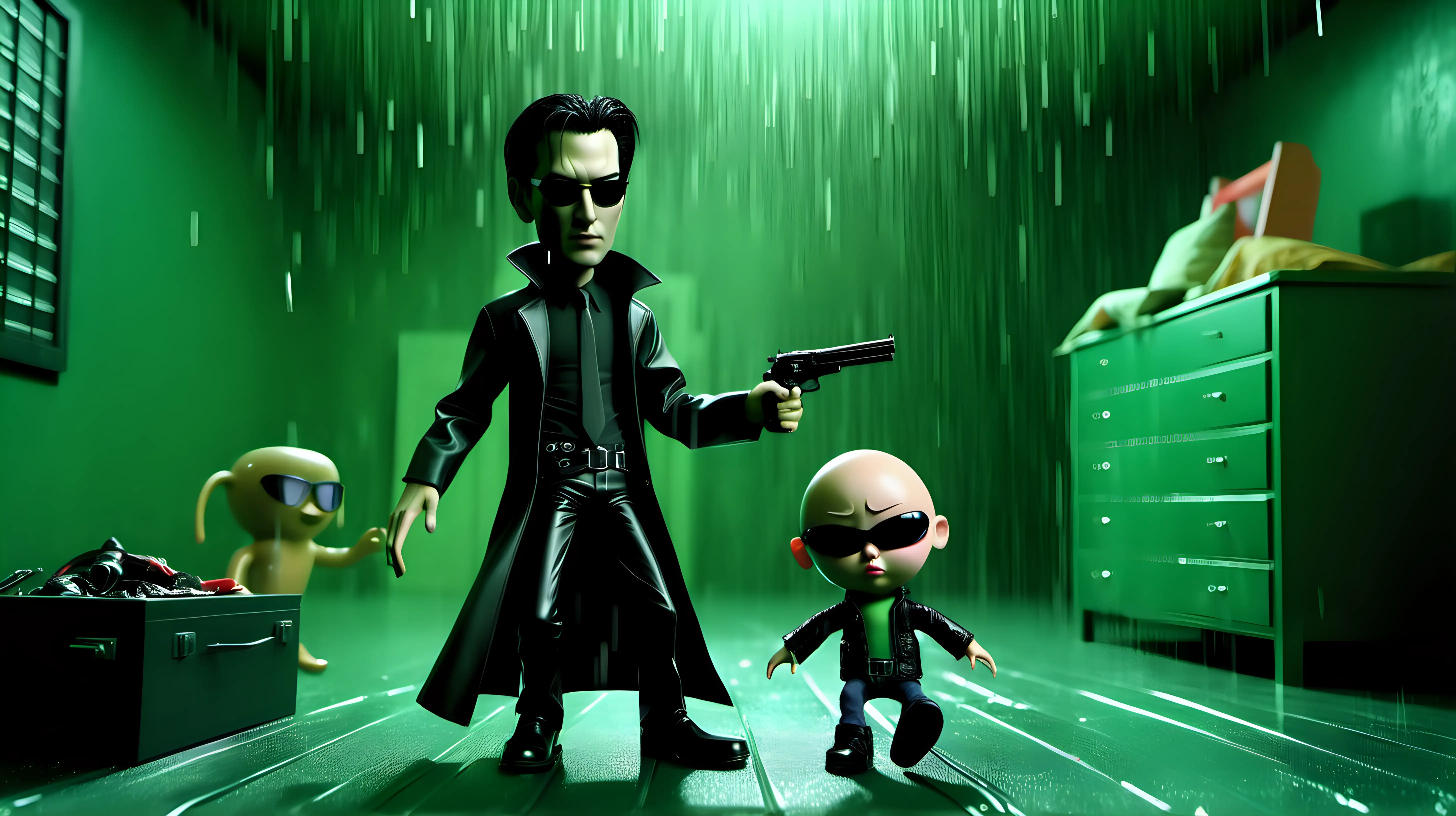 "A cartoon figure resembling Neo from 'The Matrix', complete with black sunglasses, is engaged in a playful fight with a cowboy doll character, reminiscent of but not identical to Woody from 'Toy Story'. This scene is imagined in a Pixar-like 3D animation style, characterized by vibrant colors and a cartoonish appearance. The setting is a child's bedroom, whimsically blending elements of both characters' worlds, including the iconic green code rain from 'The Matrix' in the background, adding a light-hearted and dramatic edge to the scene." --ar 16:9 --s 500 --w 600 --style raw --v 6.0
