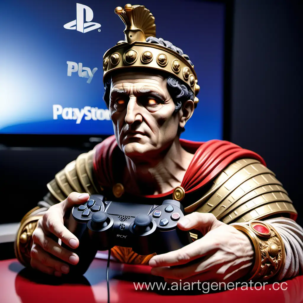 Император цезарь играет в игровую приставку Playstation