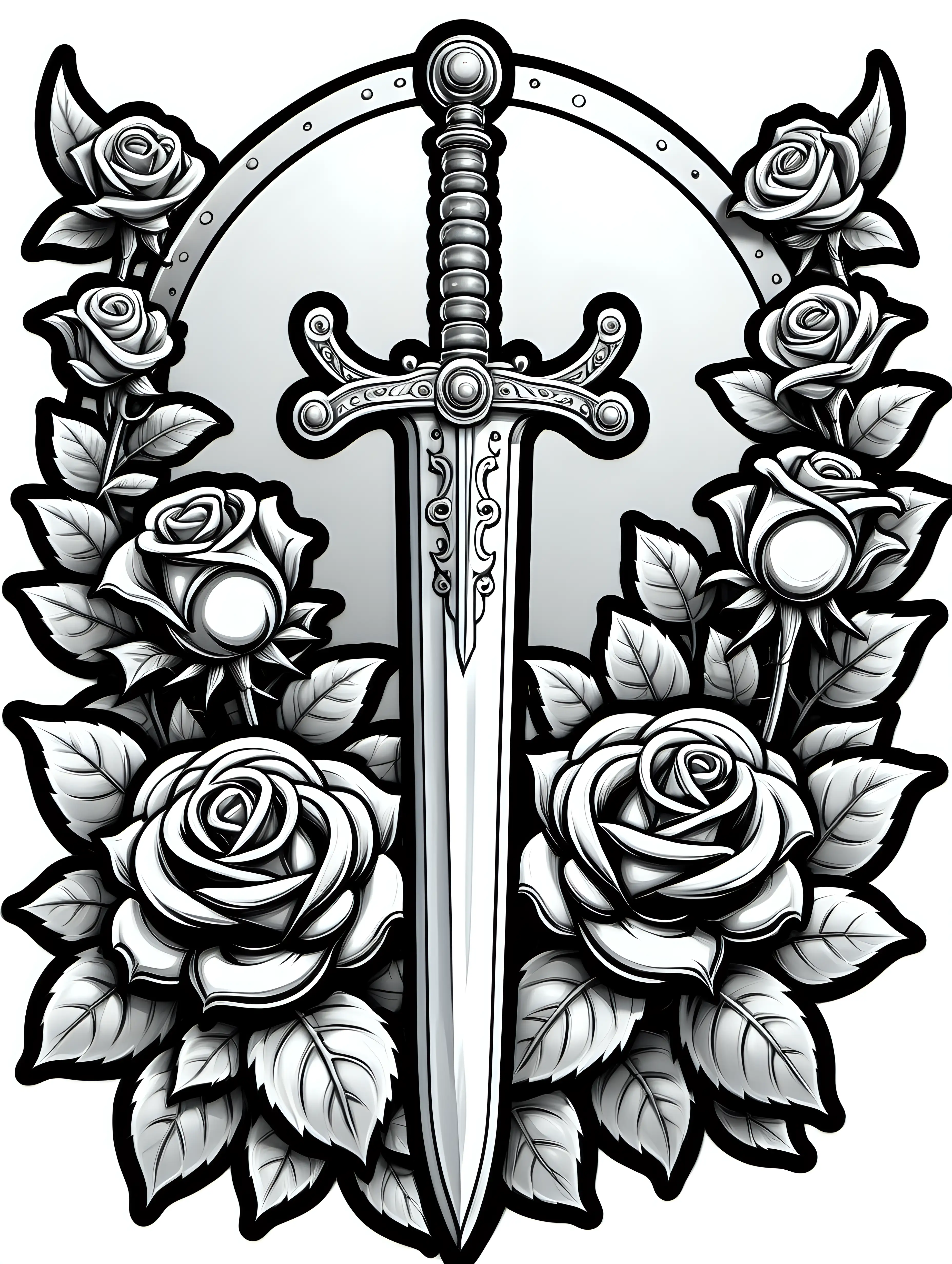 cartoon, sword with roses, sticker, black and white coloring book image