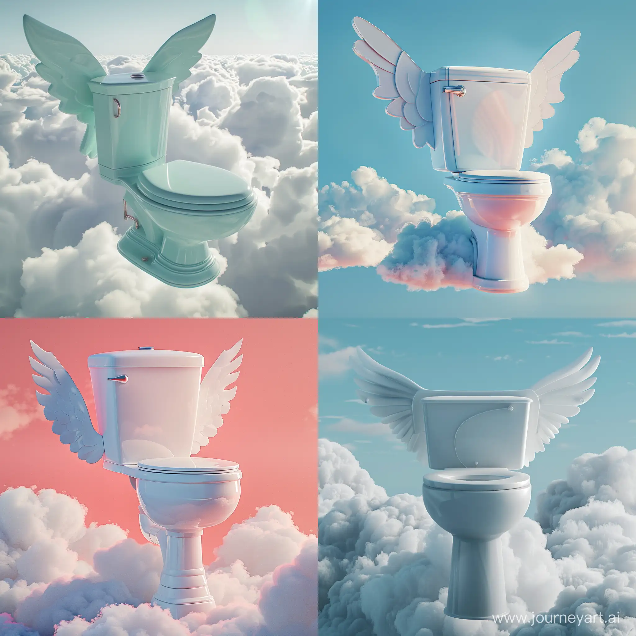 Very big toilet with wings fly at clouds