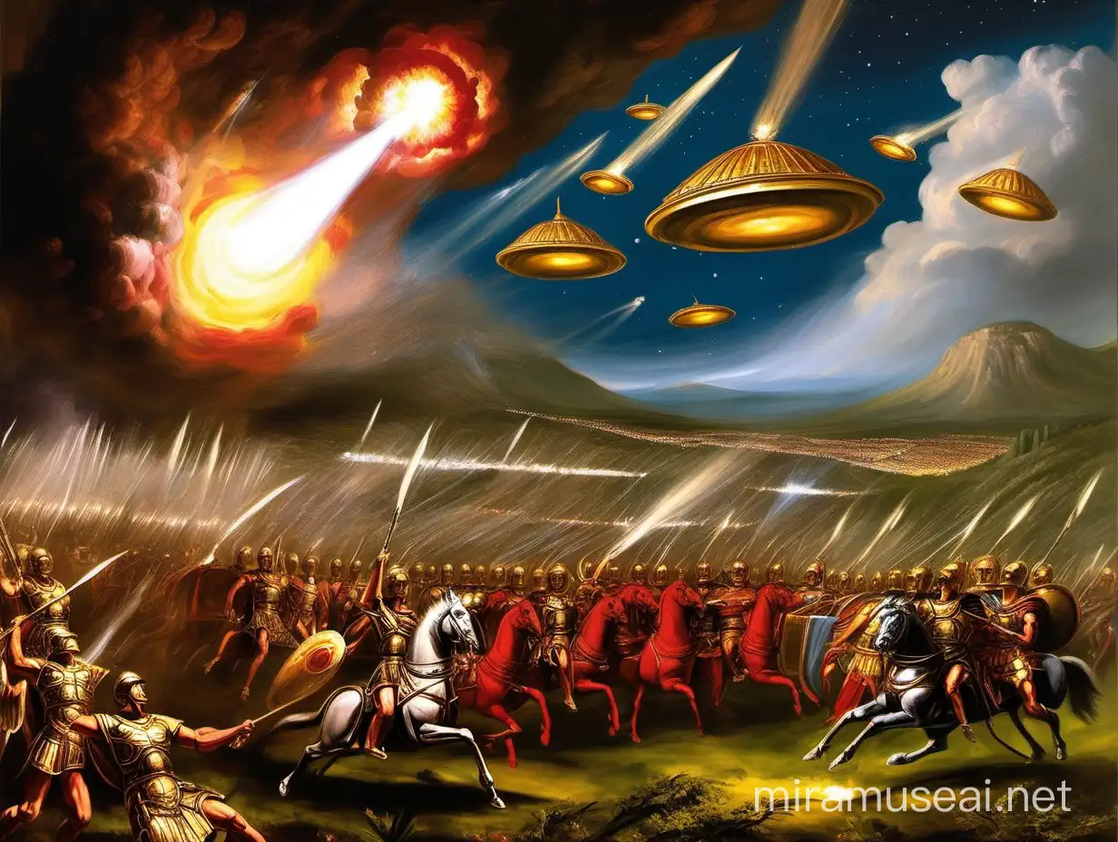 Painting of Alexander The Great army fighting UFOs in ancient Macedonia, in style of Thomas Cole