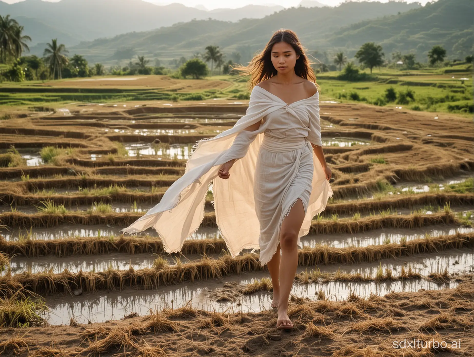 Filipina woman walking on rice field terrace. Medieval time. Revealing. Torn cotton loincloth. Sweating dirty skin. Messy hairs. Hilltop