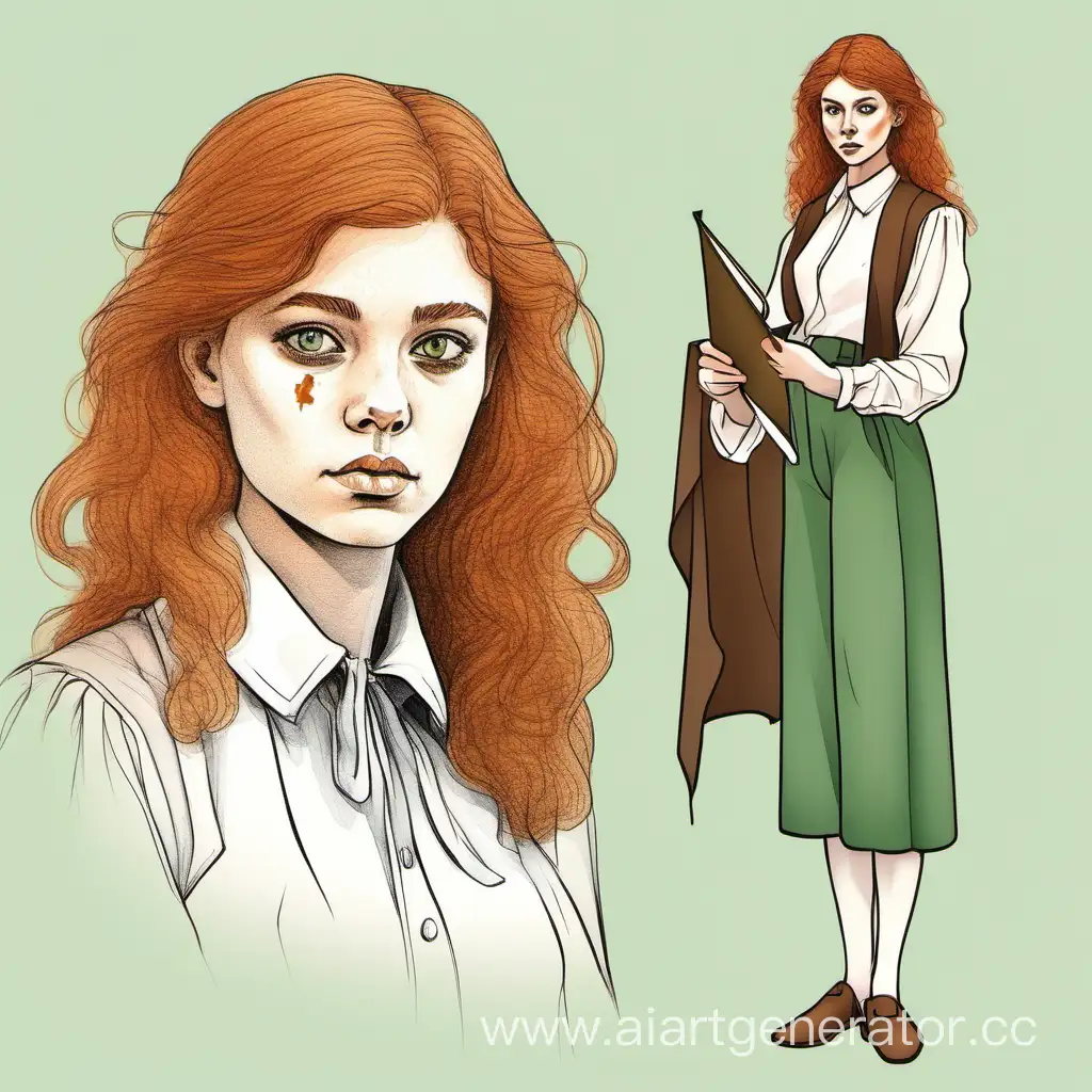 нарисуй девушку в полный рост, англичанку в 1987 годах, с медными волосами. в руках листок бумаги и перьевая ручка. цвет глаз зеленый, светлый цвет кожи, небольшие синяки под глазами