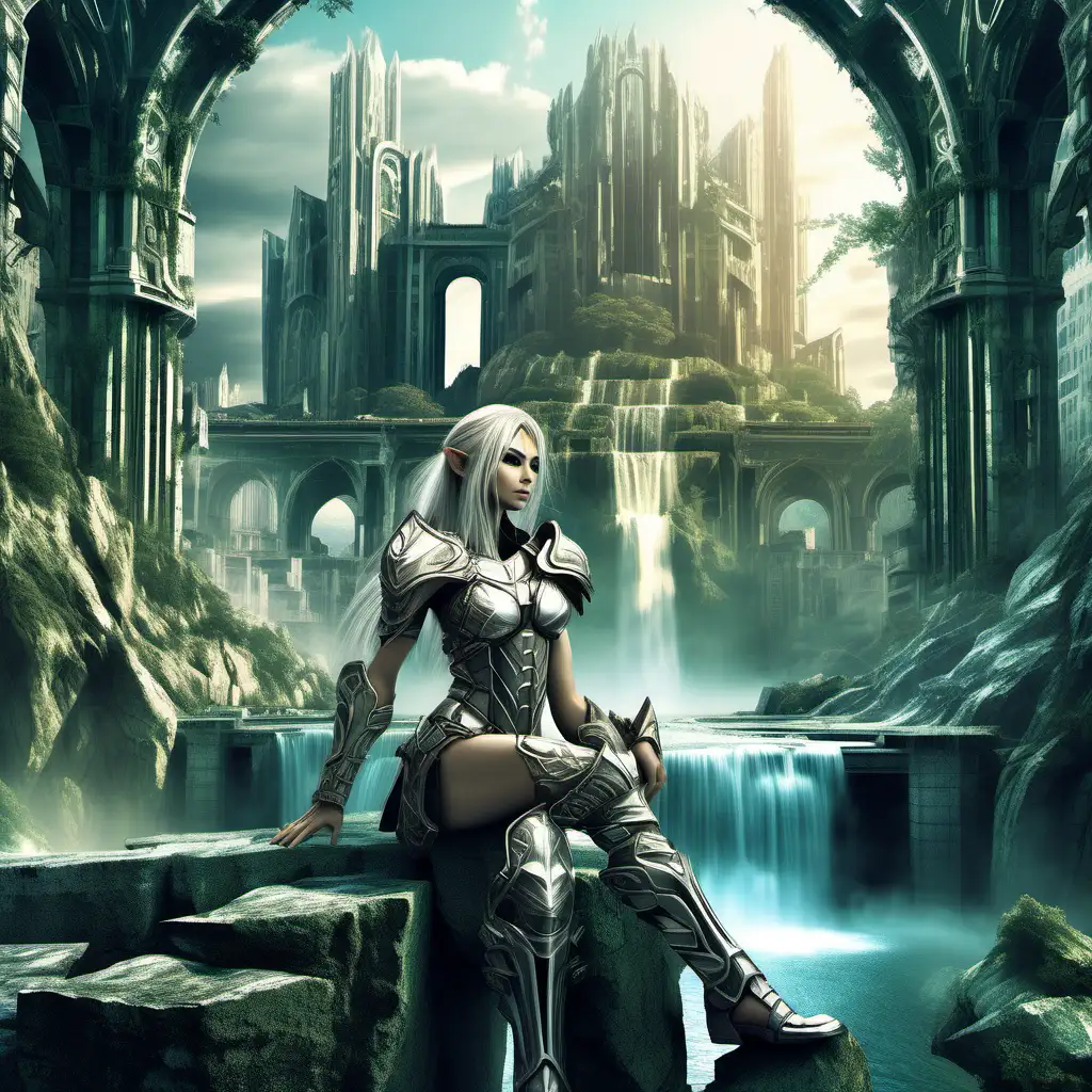 Muscular Female Elf in Full Plate Armor Amidst Fantasy World Ruins