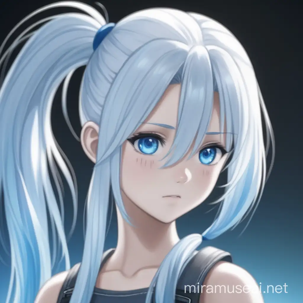 Anime girl with white hair and blue eyes, has a scar and her hair is in a pony tail
