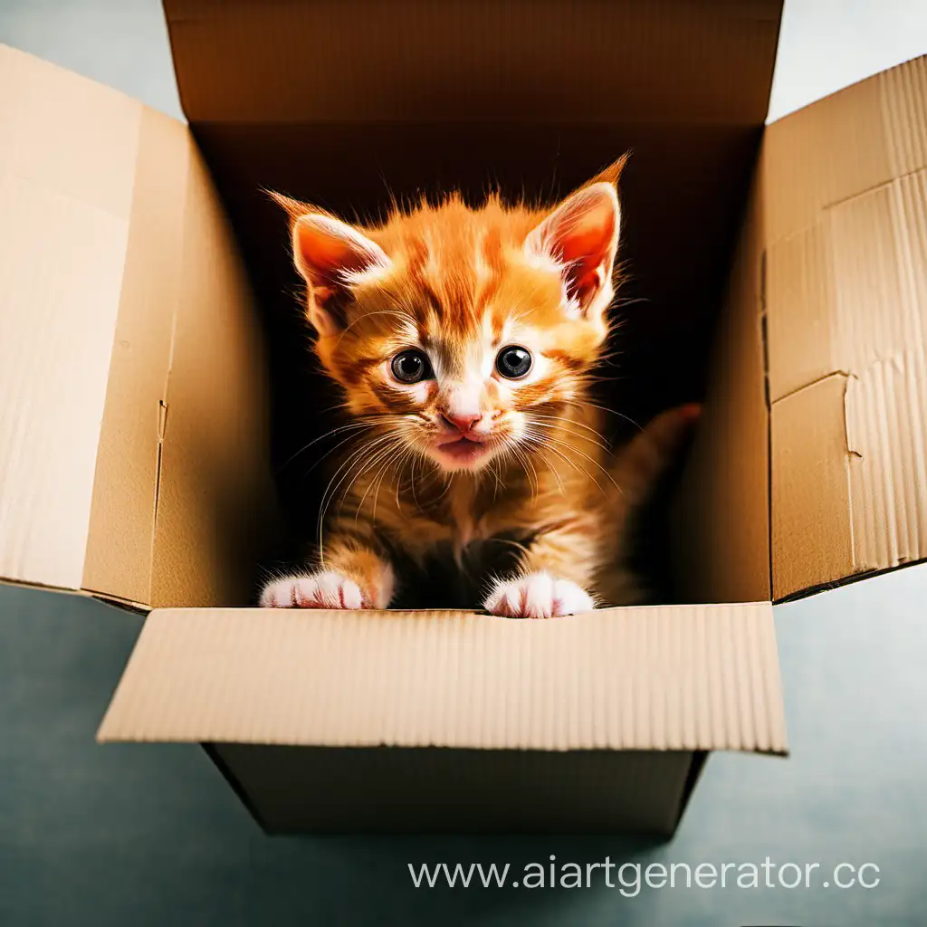 Adorable-Red-Kitten-Struggling-in-Oversized-Cardboard-Box