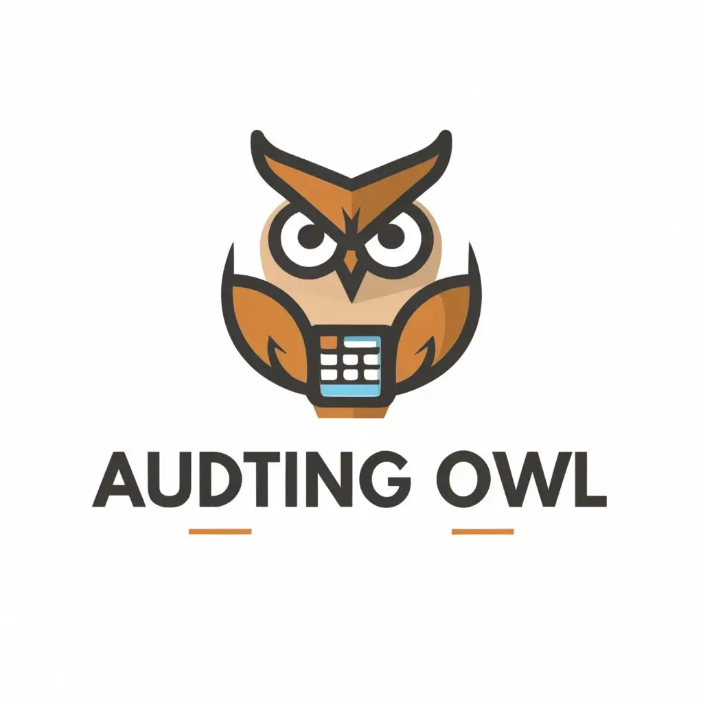 a logo design,with the text "Auditing Owl", main symbol:An Owl looking all business like that is an auditor with a calculator,Minimalistic,clear background
