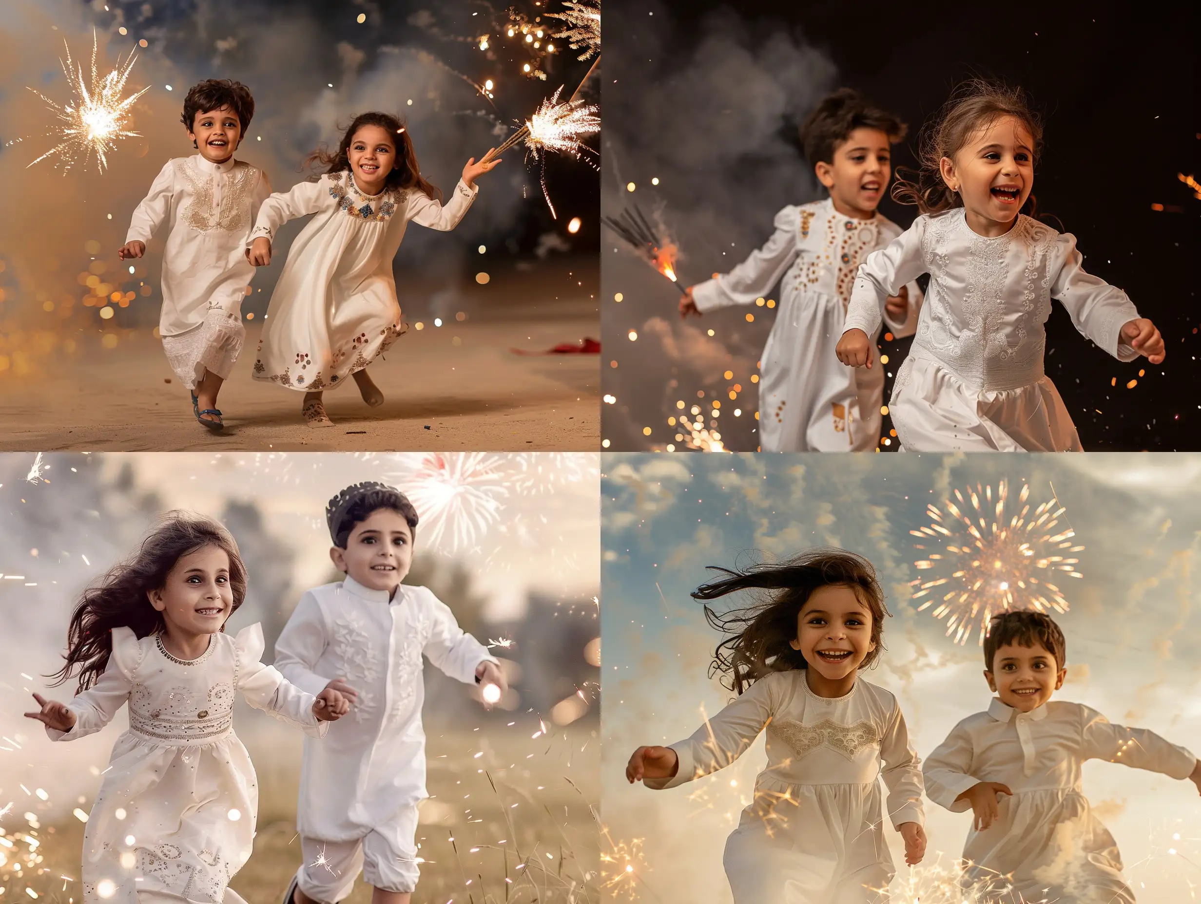 Children in white Eid dresses, running happily with fireworks in the sky, signs of Eid al-Fitr.
Professional portrait photography, HD digital camera, contemporary era, warm color palette., Portrait, Realism, Keyshot, Normal perspective, Mirrorless Camera, Natural Light, Delight,