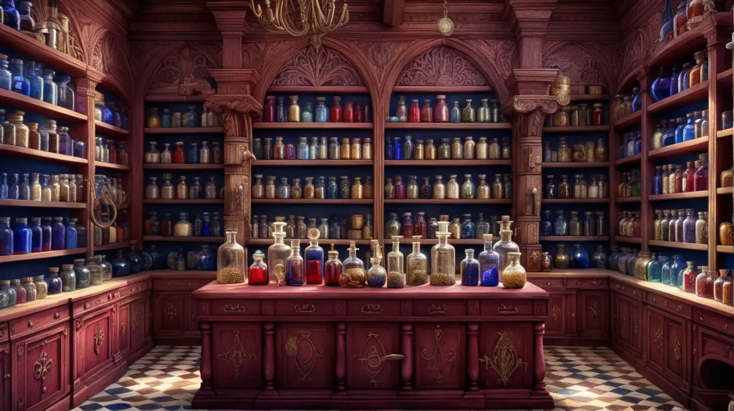 tonal colors, detailed, gothic, bohemian, magic, ruby red, sapphire blue, goldsworthy art, detailed apothecary, bustling, shelves, cashier