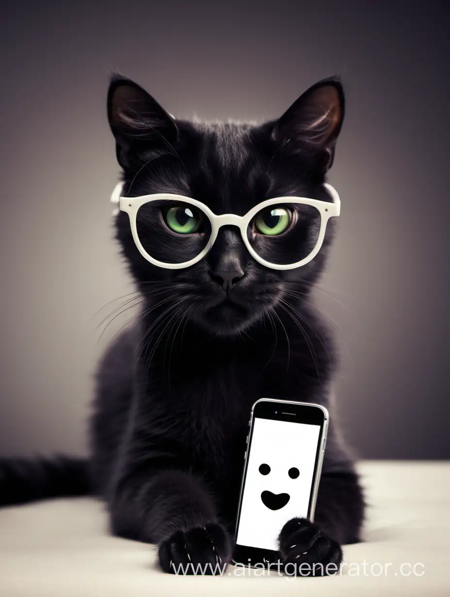   добрый черный кот   красивый котик в очках с айфоном 