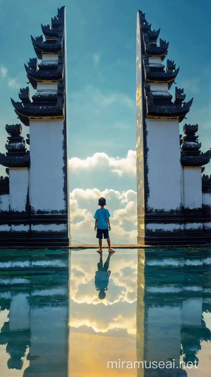Imagine a boy, filled with kindness and purity, standing in front of a heavens gate, Indonesia This gate, radiant and shimmering, represents the entrance to heaven. It's a place of peace, love, and eternal happiness, symbolizing the boy's journey to a higher spiritual realm.