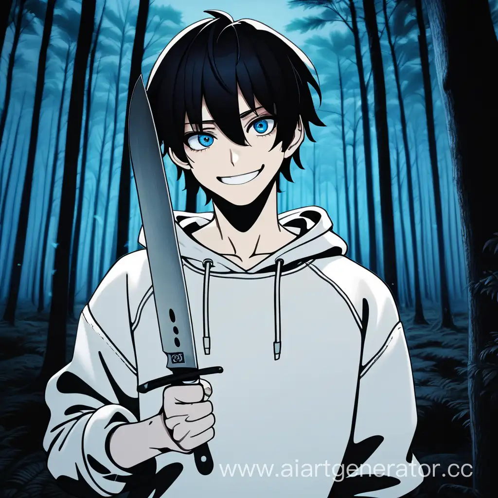 Smiling-Anime-Character-with-Knife-in-Dark-Forest