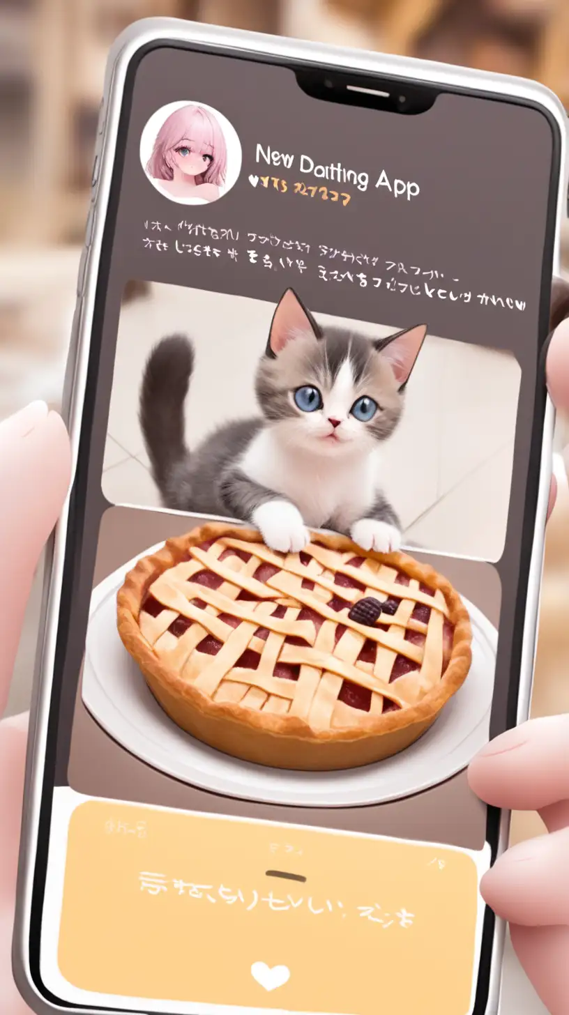 Фото котенка, который смотрит на пирог с надписью "Новое приложение для знакомств".