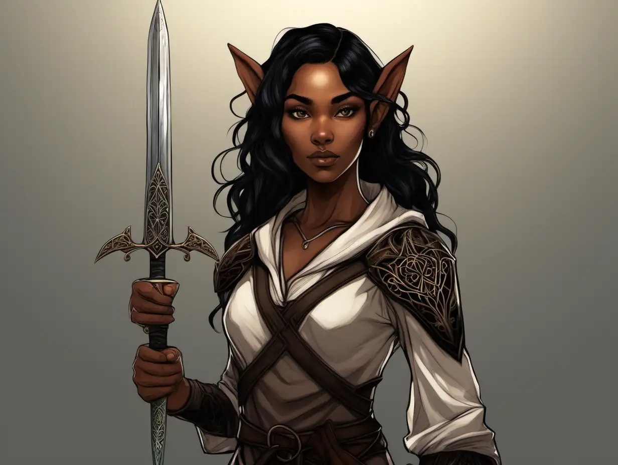 a short girl with black hair, brown skin, elvish ears, and a sword